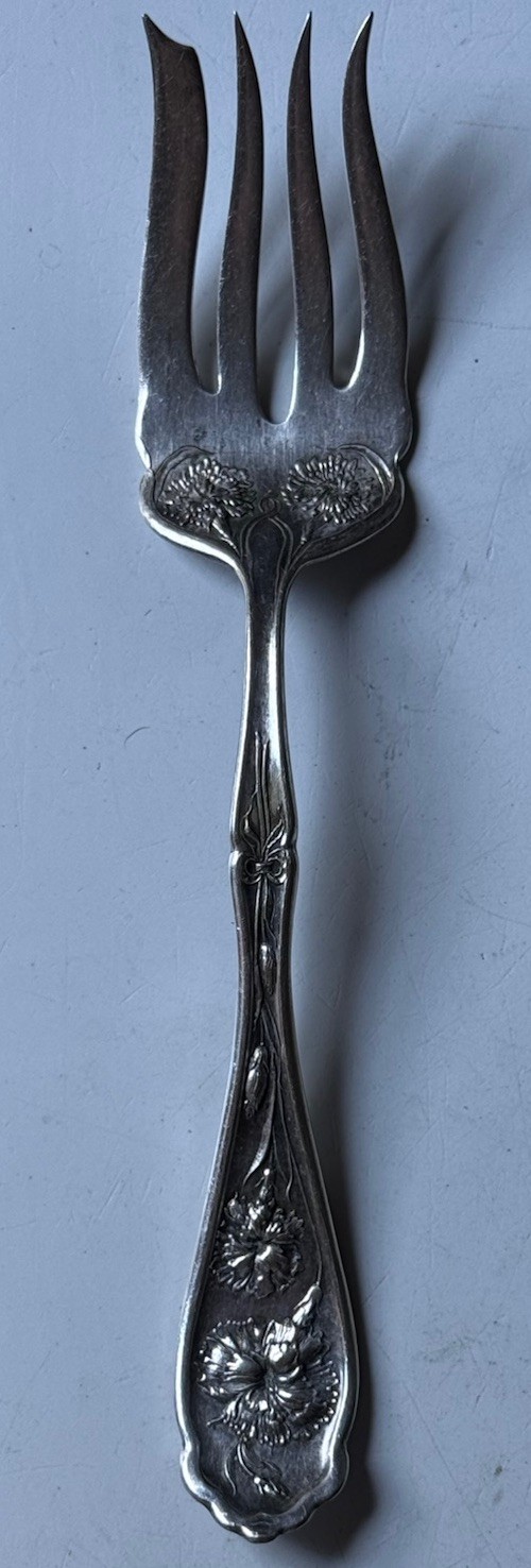 Antique 1908 WR Keystone Carnation Pattern cold Meat Fork 8 1/8 Inches Long