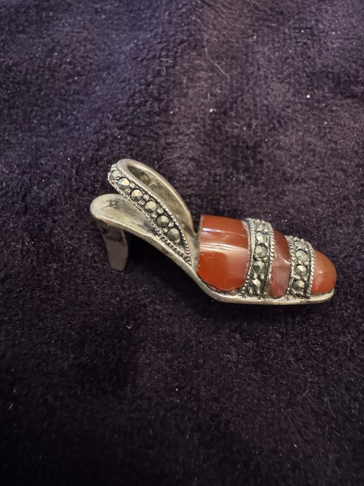 Antique Miniature Sterling Silver High Heel Shoe with Red Stone And Marcasite