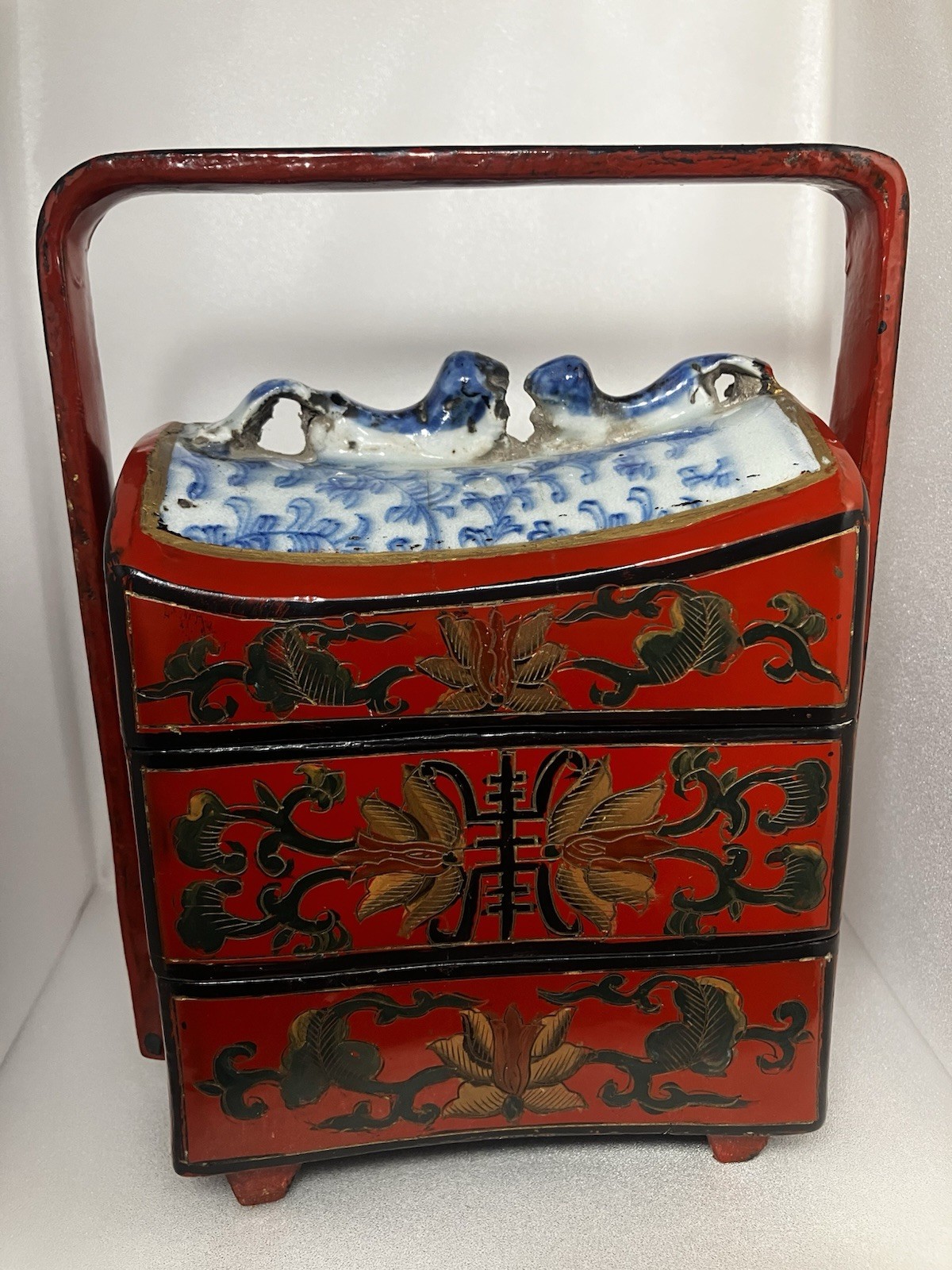 Shard Chinese Basket Dowry Box Lacquered Wood Porcelain Rare 3D top