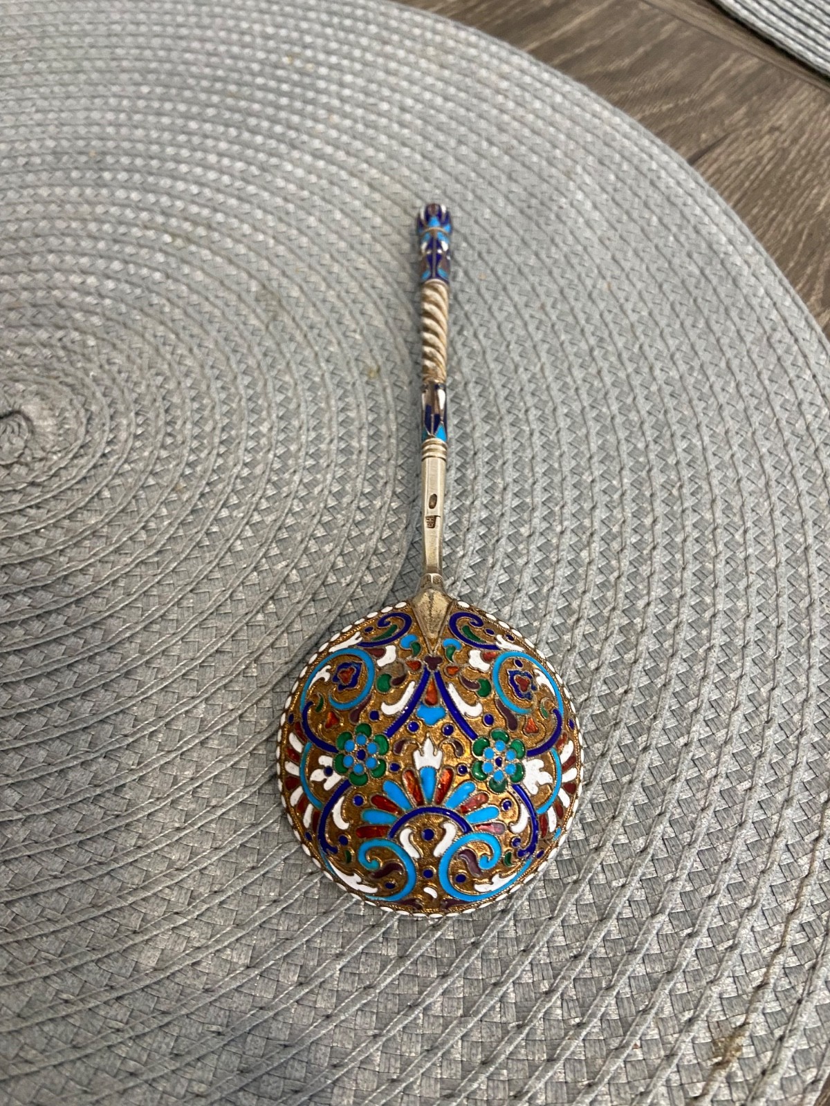 Antique Russian 84 Silver Enamel Spoon for Honey or Jam by Master Nikolai Zverev