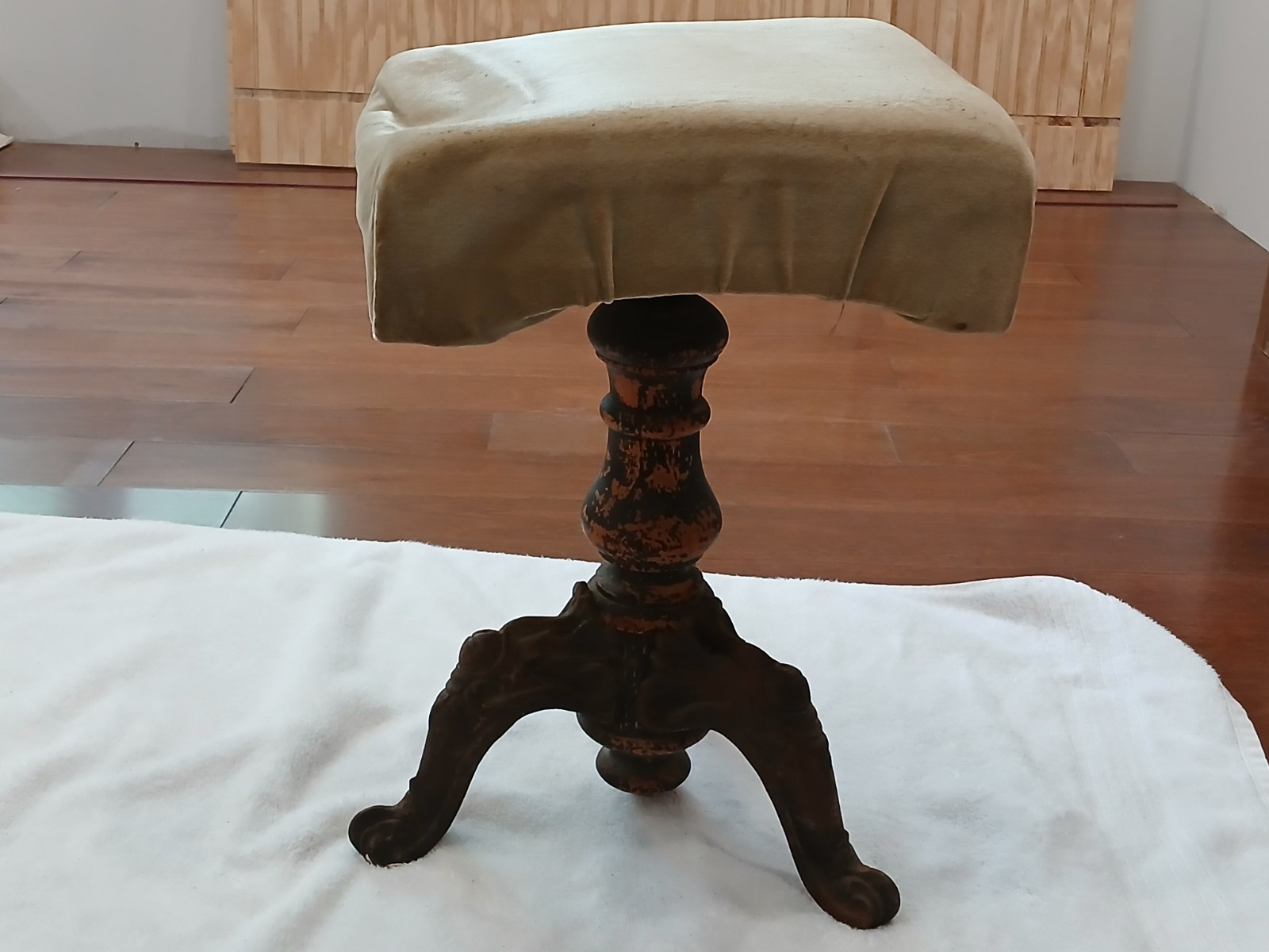 Antique 1800s Organ Piano Stool, Cast Iron Base, Swivel Seat, For Parts Restore