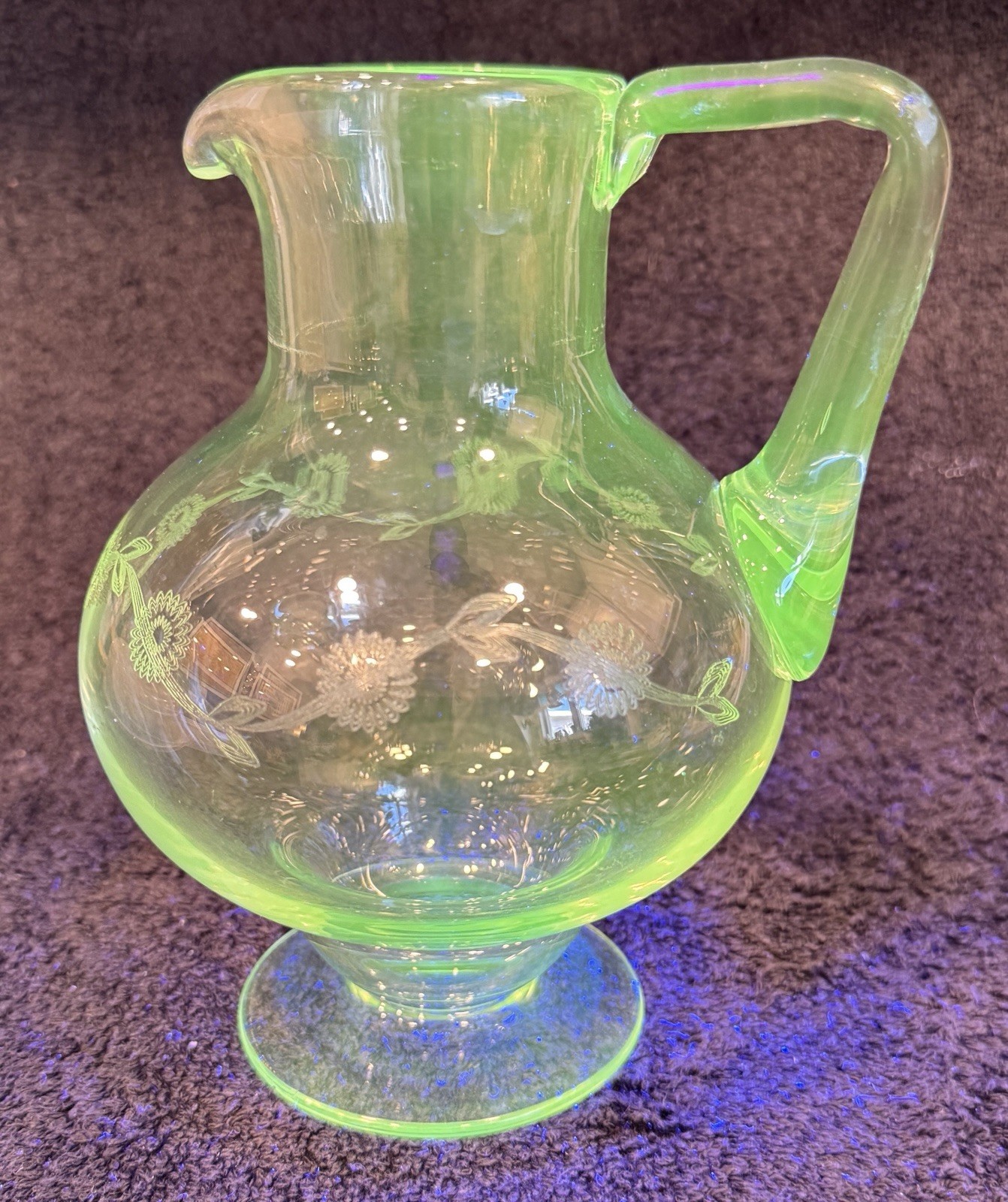 Antique Victorian Footed Juice Pitcher Engraved With Flowers Manganese Glass