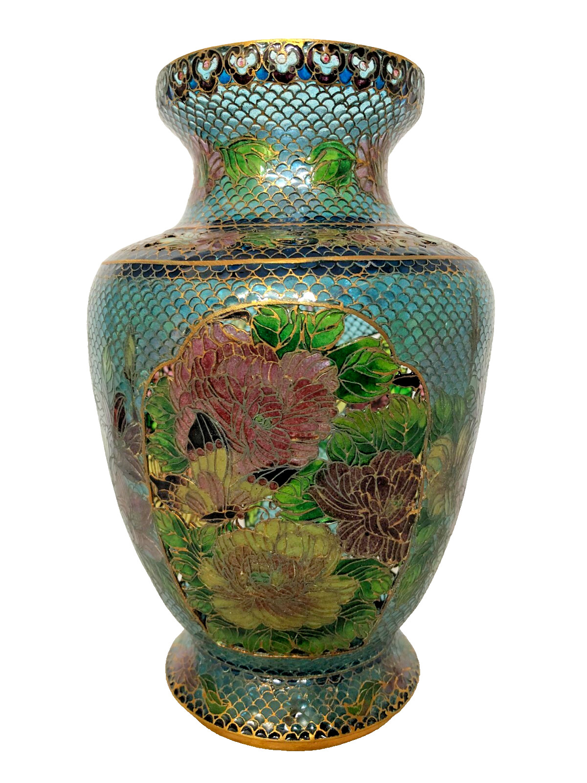Vintage Chinese Plaque-A-Jour Transparent Cloisonné Archaic Style Floral Vase.