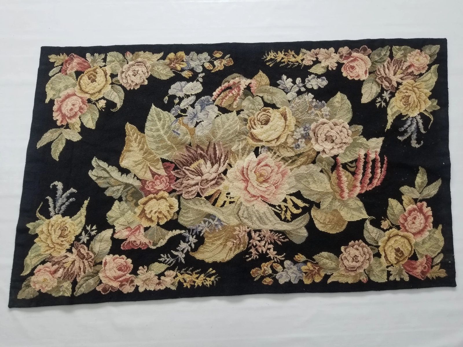 Vintage French Needlepoint Handmade Floral Black Pink Wool Rug Carpet 4.8×2.9ft