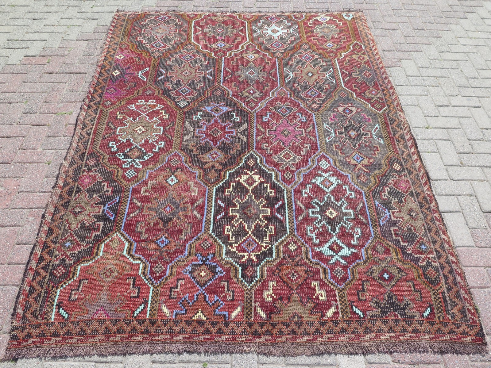 Turkish Kilim Wool Rug, Handmade Floor Carpet, Embroidery Area Rugs 75″x102″