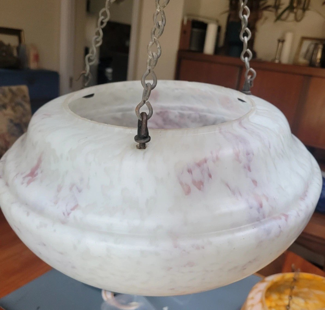 Art Deco Plafonnier Ceiling Light, Marbled White and Purple Glass