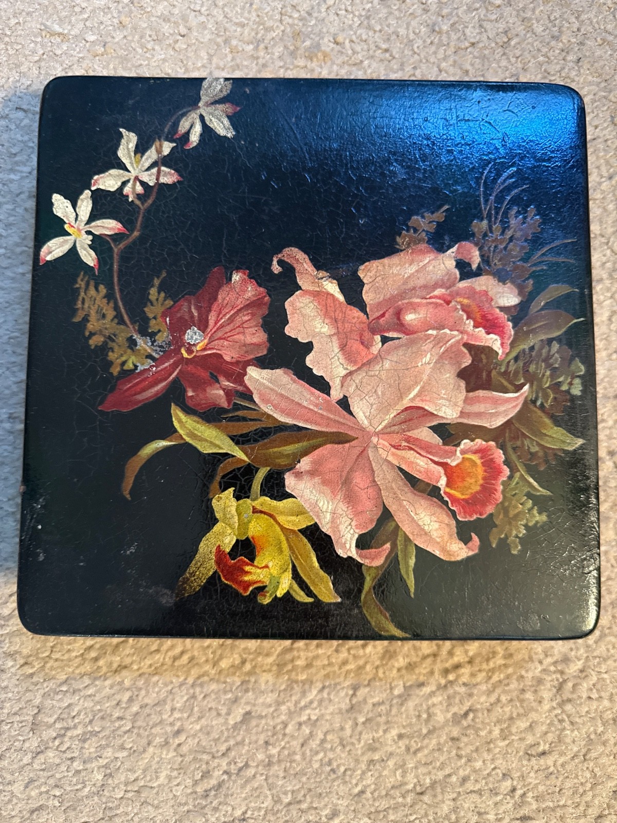 Antique Victorian Hand Painted Lacquered Papier Mache Square Box