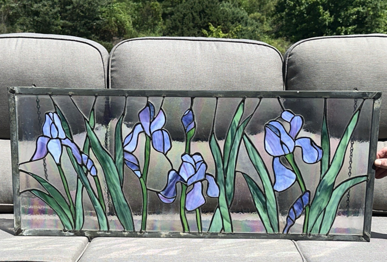 Stained Glass Panel Window Hanging Transom Purple Iris Ready To Hang 38″ X 16″