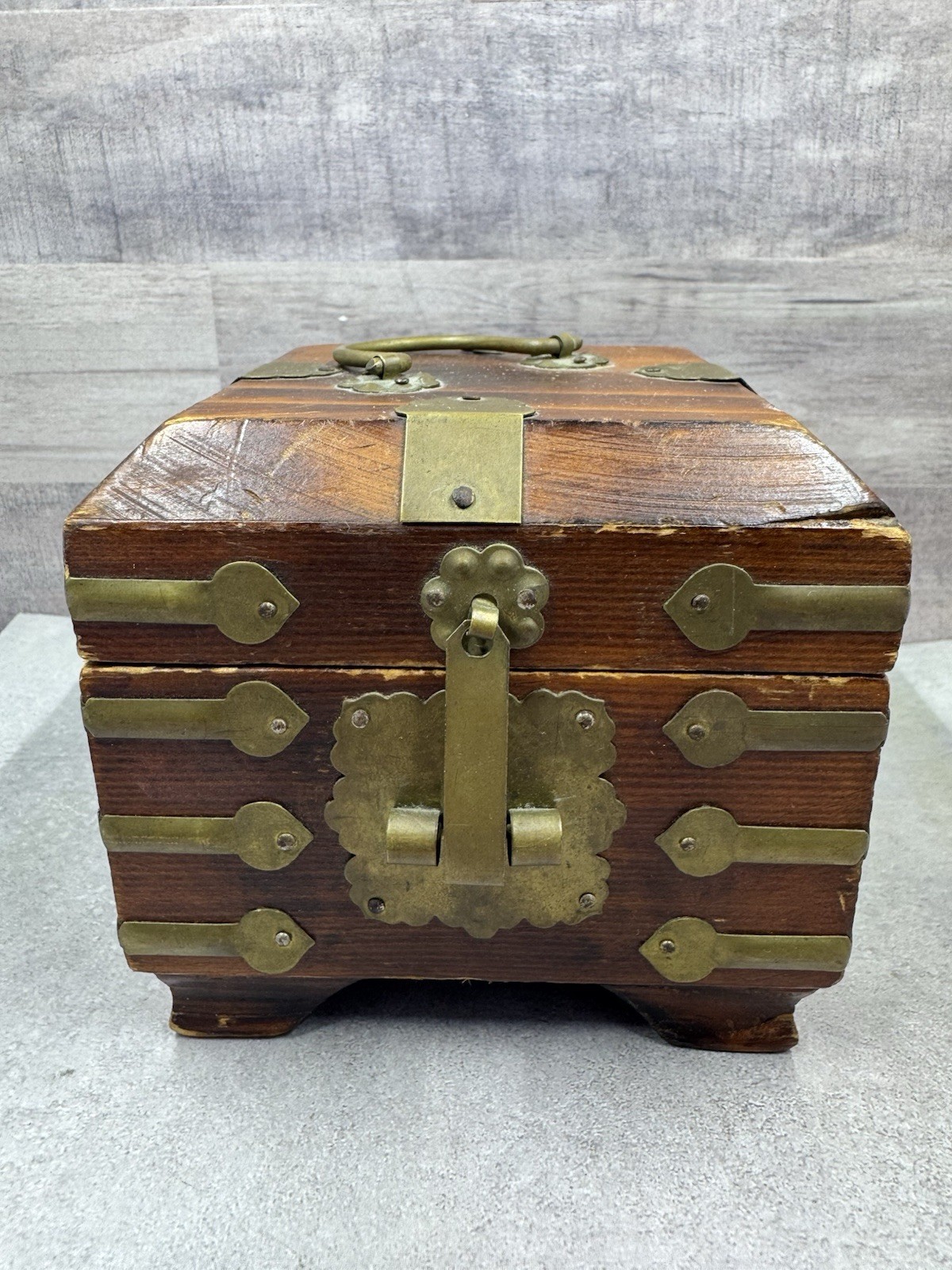 Vintage Asian Wooden Jewelry Box With Brass Hardware Treasure Trinket Chest