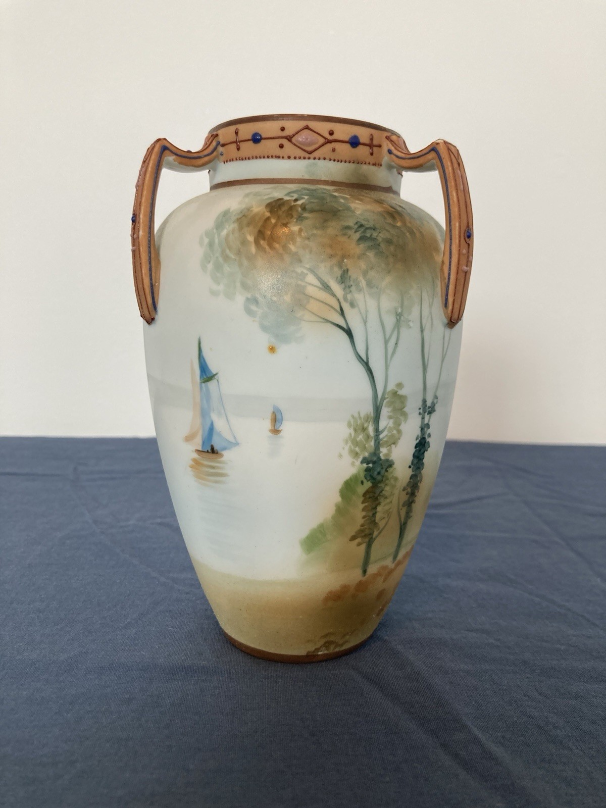 Antique Noritake Nippon Tri-Handle Vase Lake Scene Hand Painted with Moriage