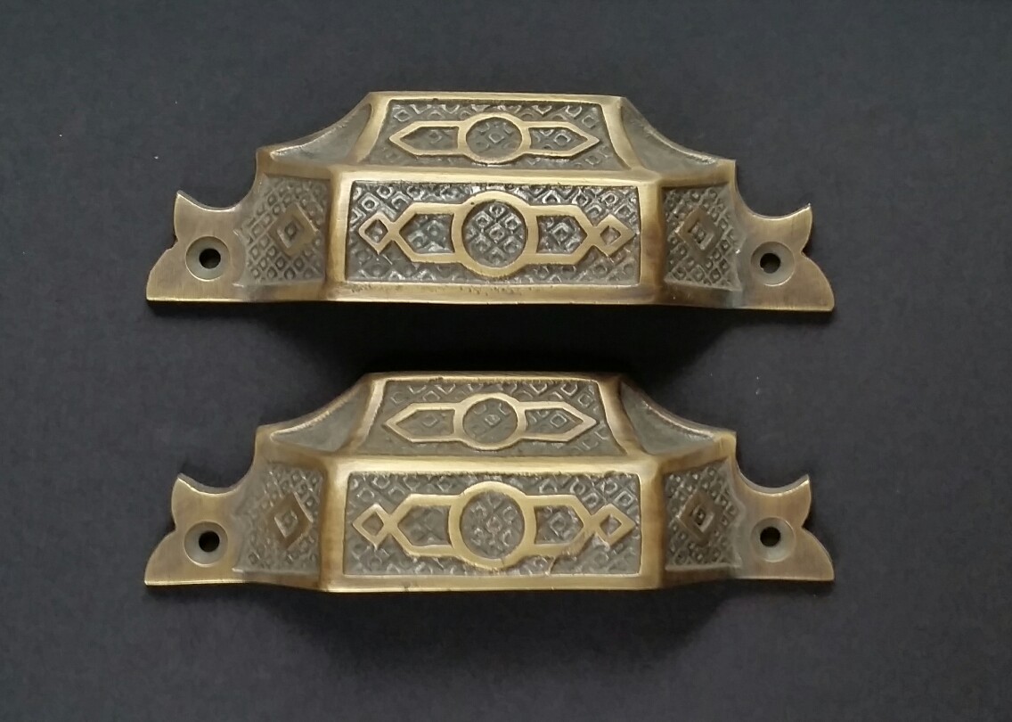 2 Antique Vintage Style Brass Victorian Apothecary Bin Pull Handles 4 9/16″w.#A6