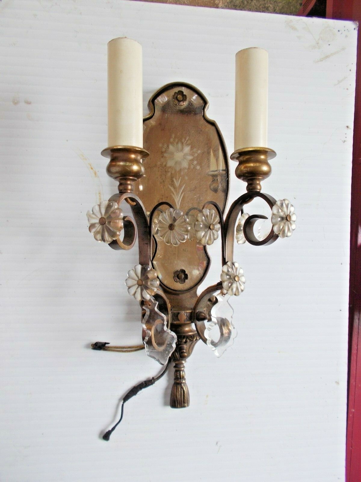 Vintage Mid Century Candlestick Wall Mount Double Light Fixture w/ Bevel Mirror!