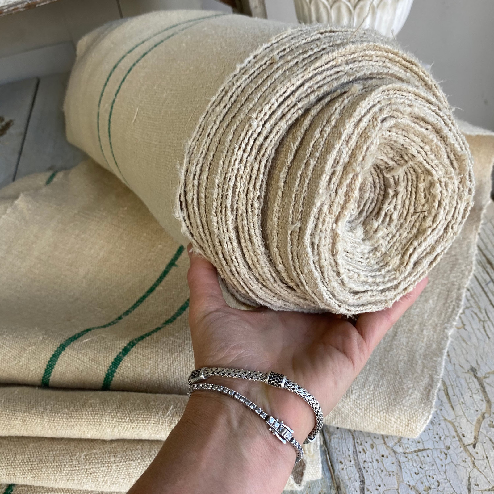 GREEN grainsack fabric material Antique linen homespun hemp upholstery weight 1