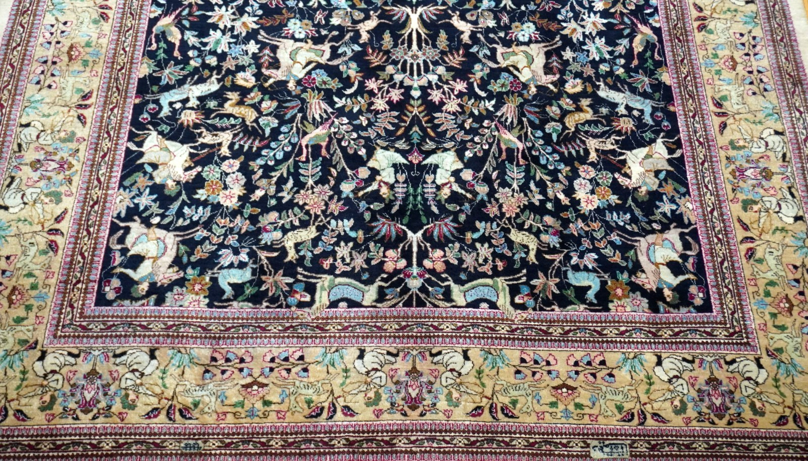 8 x 10 Tab riz Hunting Scene Hand-Knotted Wool Taba Tabayee Signed Pictorial Rug