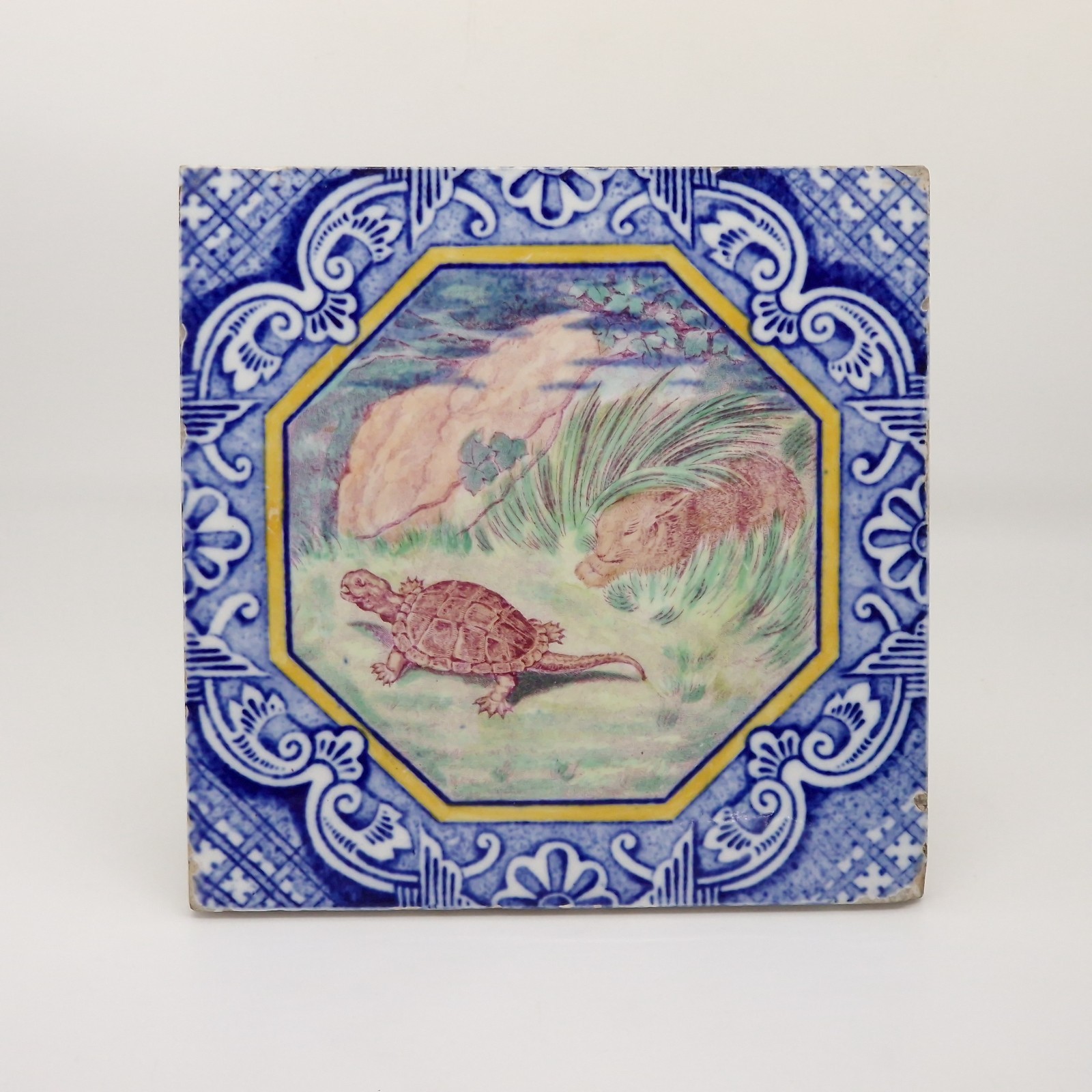 Victorian Tile Polychrome Tortoise & Hare Dutch Border Minton Hollins C1880