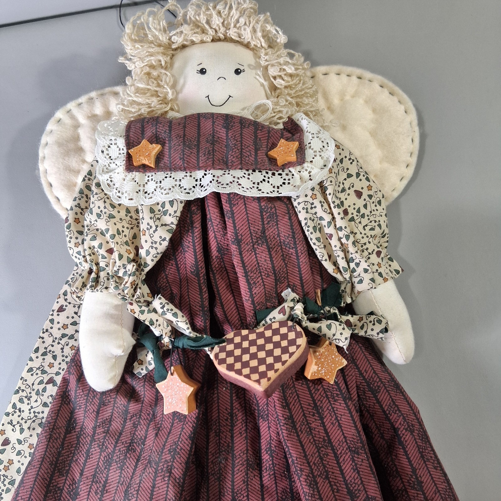 VTG Prim Angel Fabric Doll 19″ Country Folk Art Wall Hanging Rustic Farmhouse