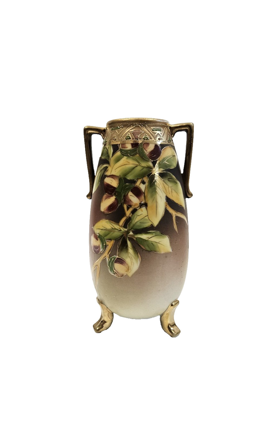 Nippon maple leaf Hand Painted 2-Handled, Tri-Footed Gold Gilt Trim Floral Vase