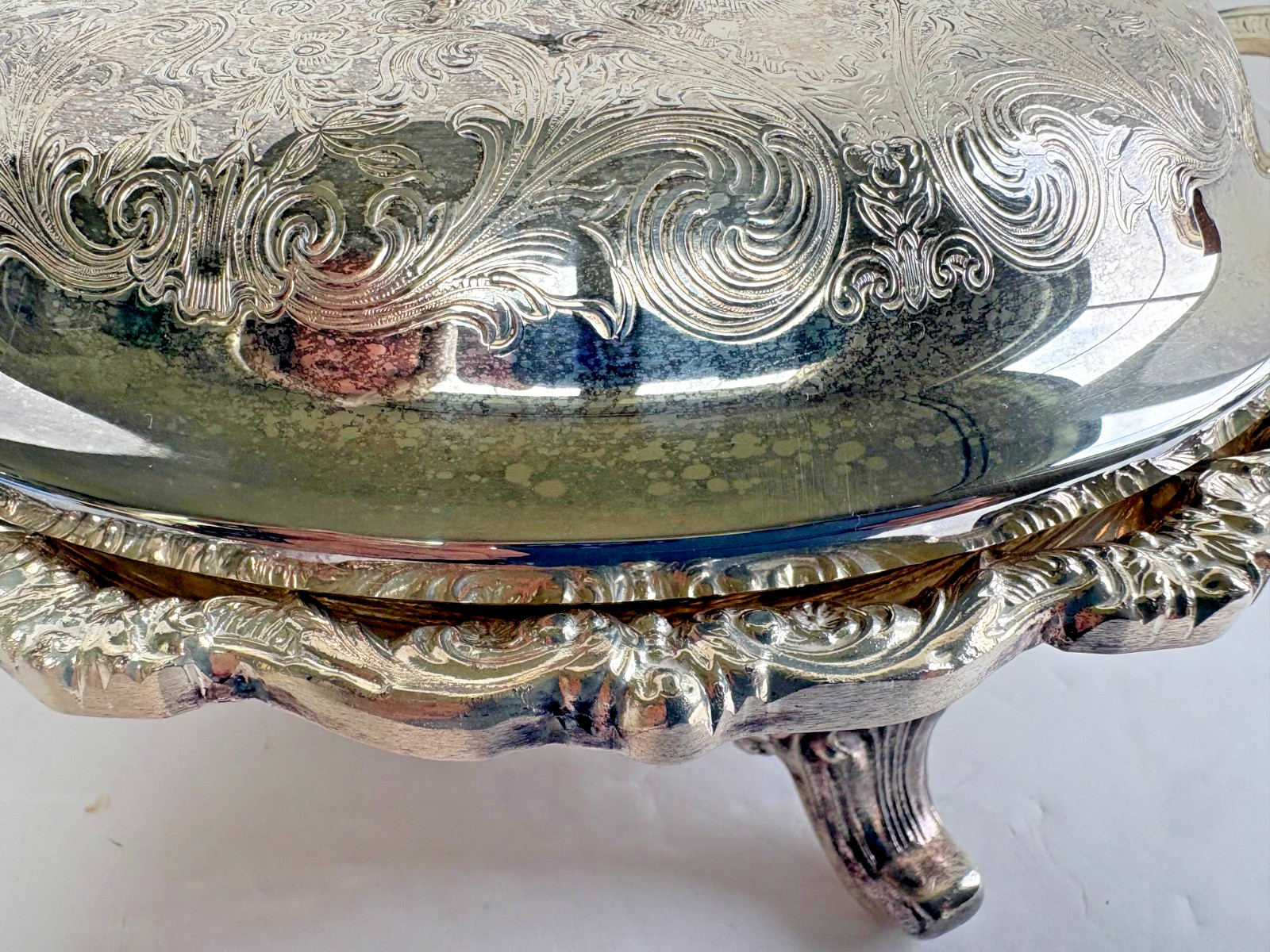 Poole Silver Co. EPCA Silver Plate Footed Covered Serving Dish Rococo Engraved