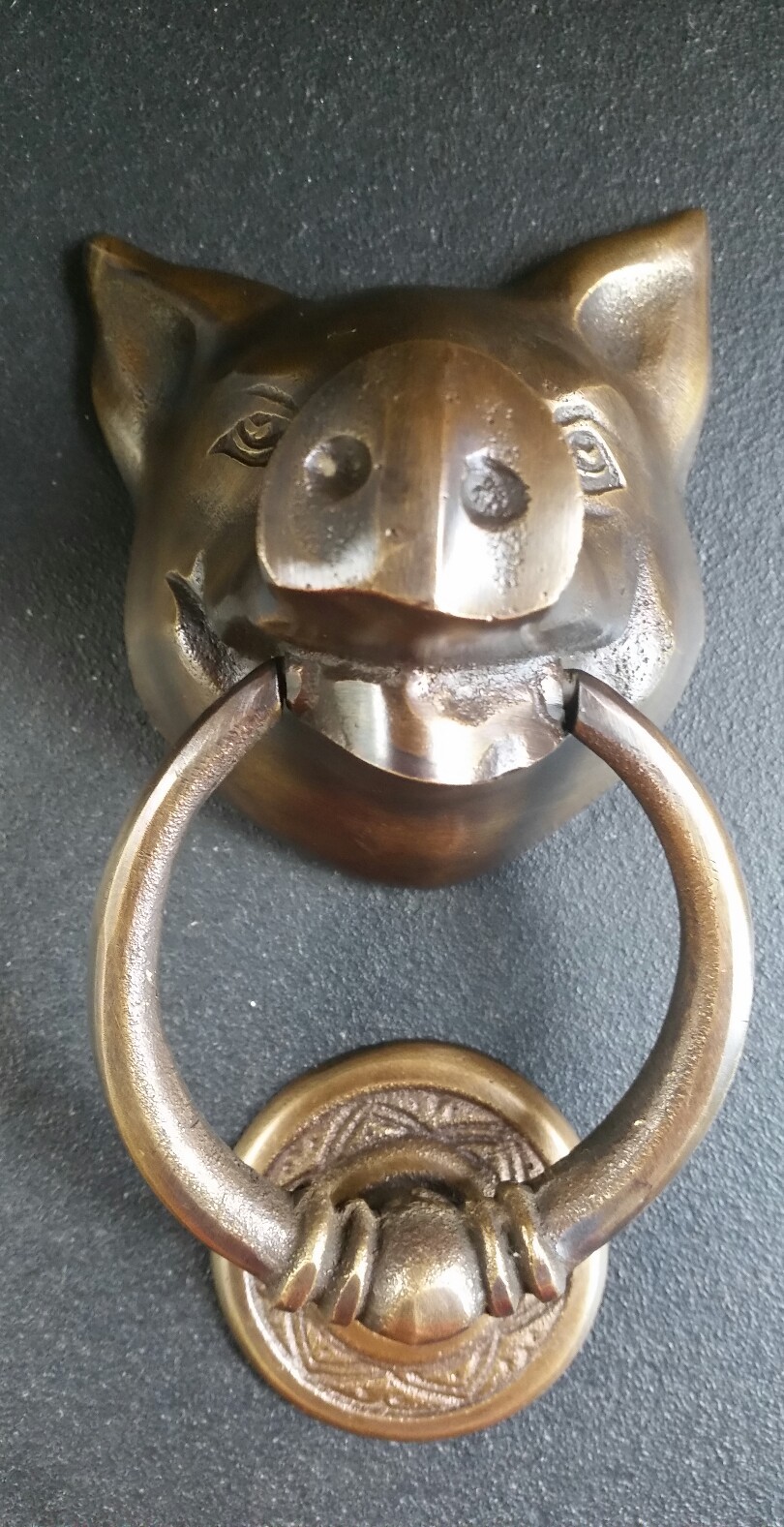 Unique PIG HEAD Door Knocker Solid Tarnished Brass 6″ long #D4