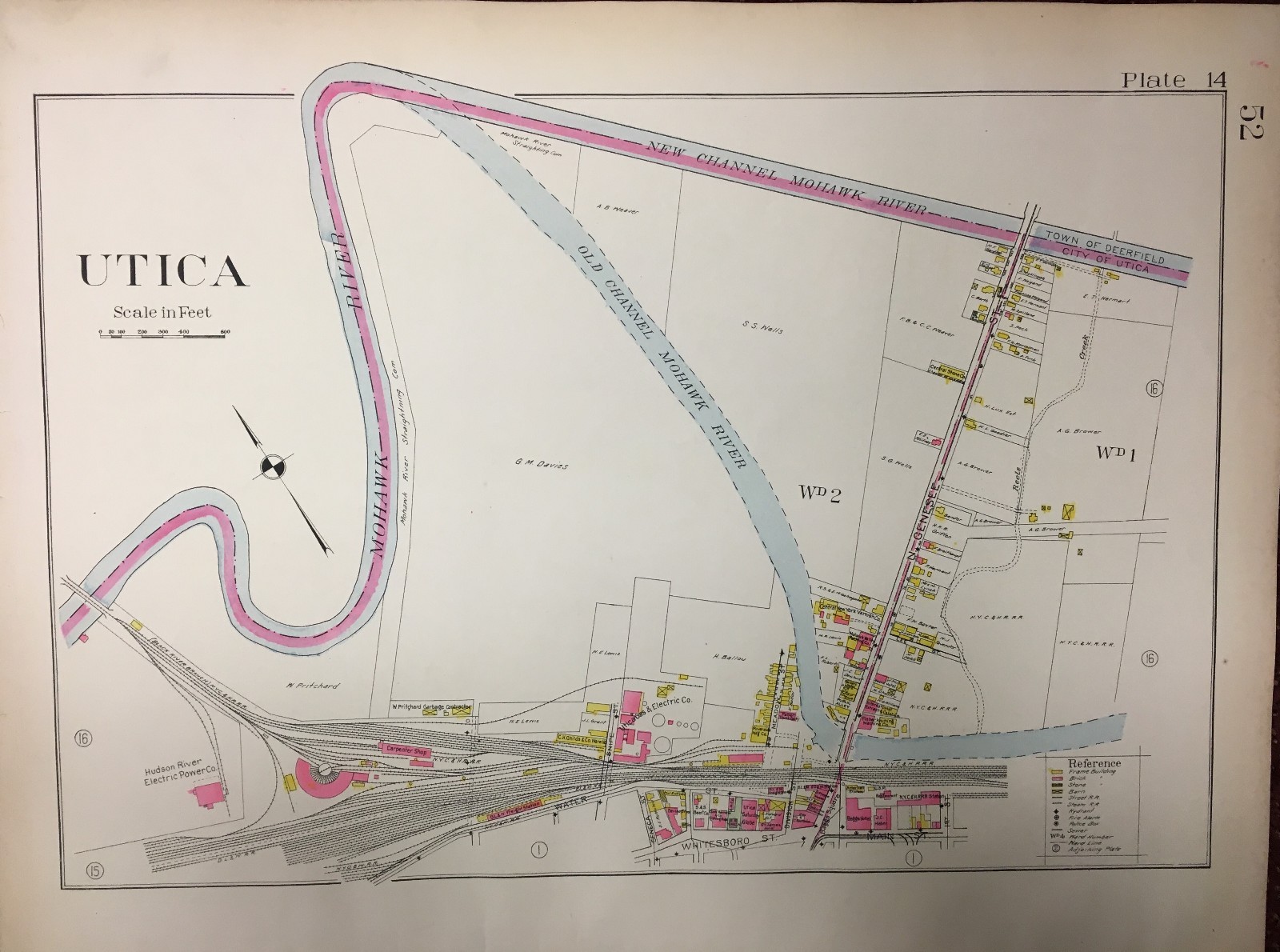 1907 UTICA, NEW YORK ONEIDA COUNTY MOHAWK RIVER, BAGGS HOTEL & HR RR ATLAS MAP