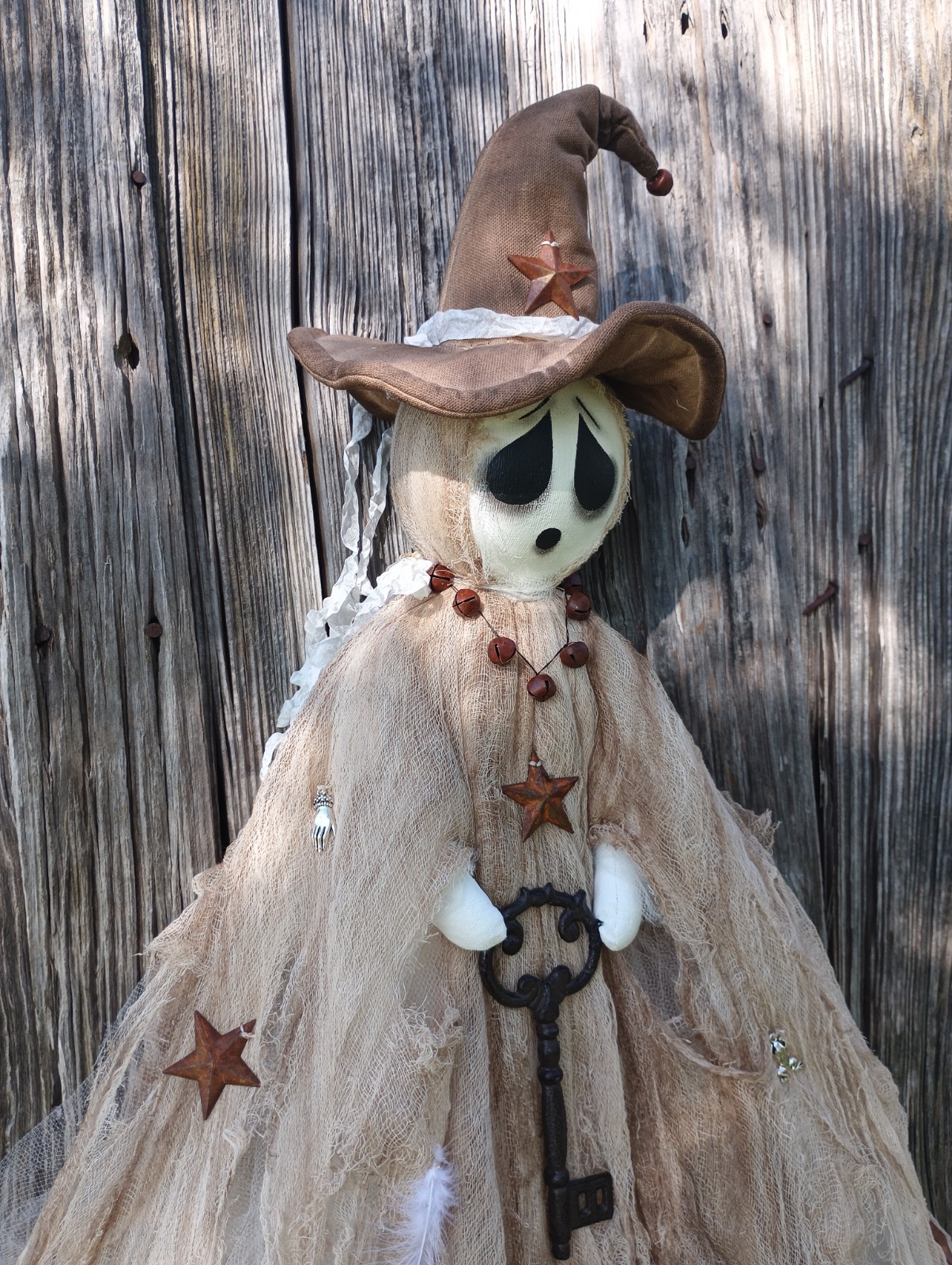 Primitive TATTERED Witch Ghost HALLOWEEN Folk Art Doll w/ Iron Key 45″