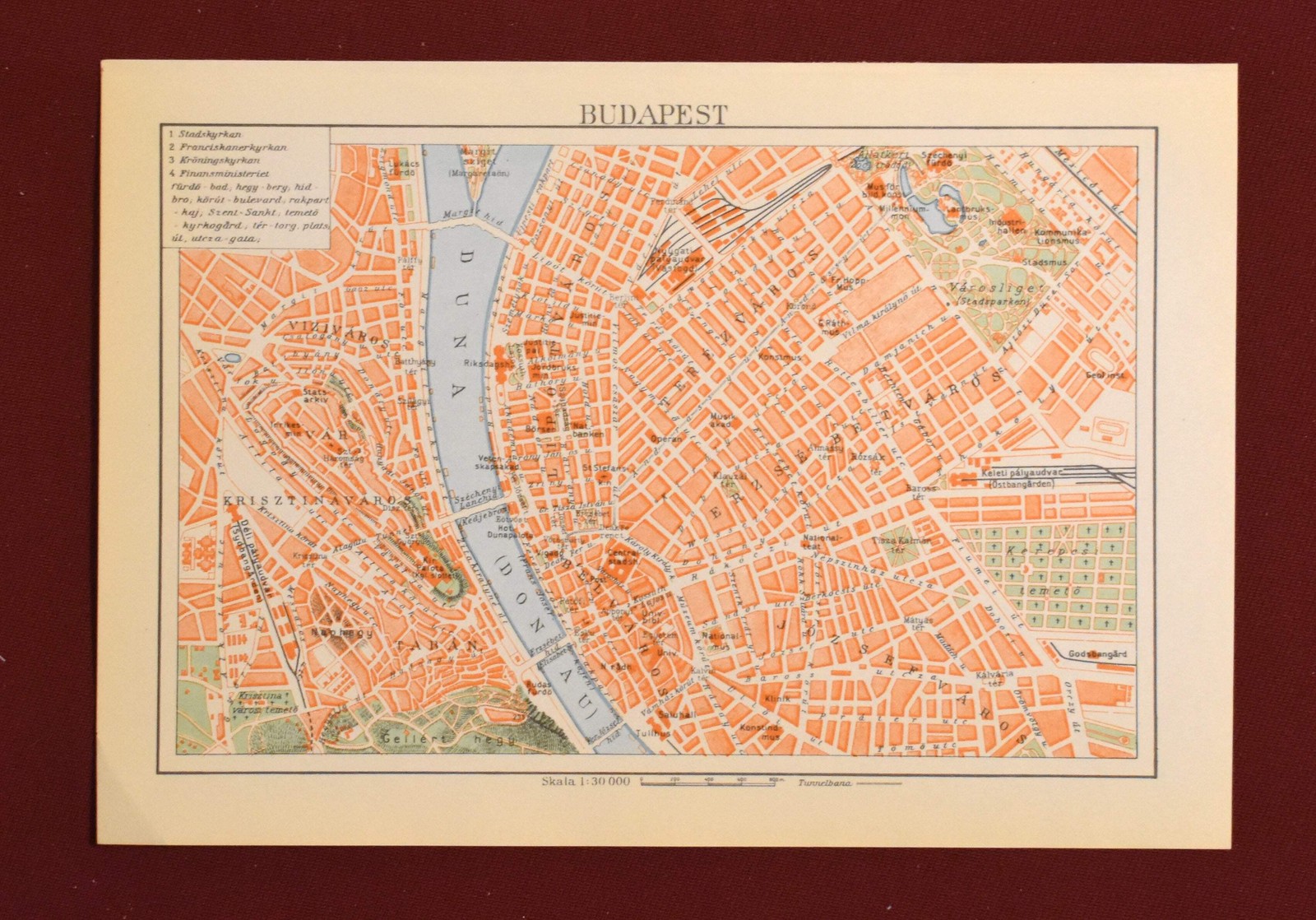 Map of Budapest, Hungary, Swedish Encyclopedia Plate 1950’s
