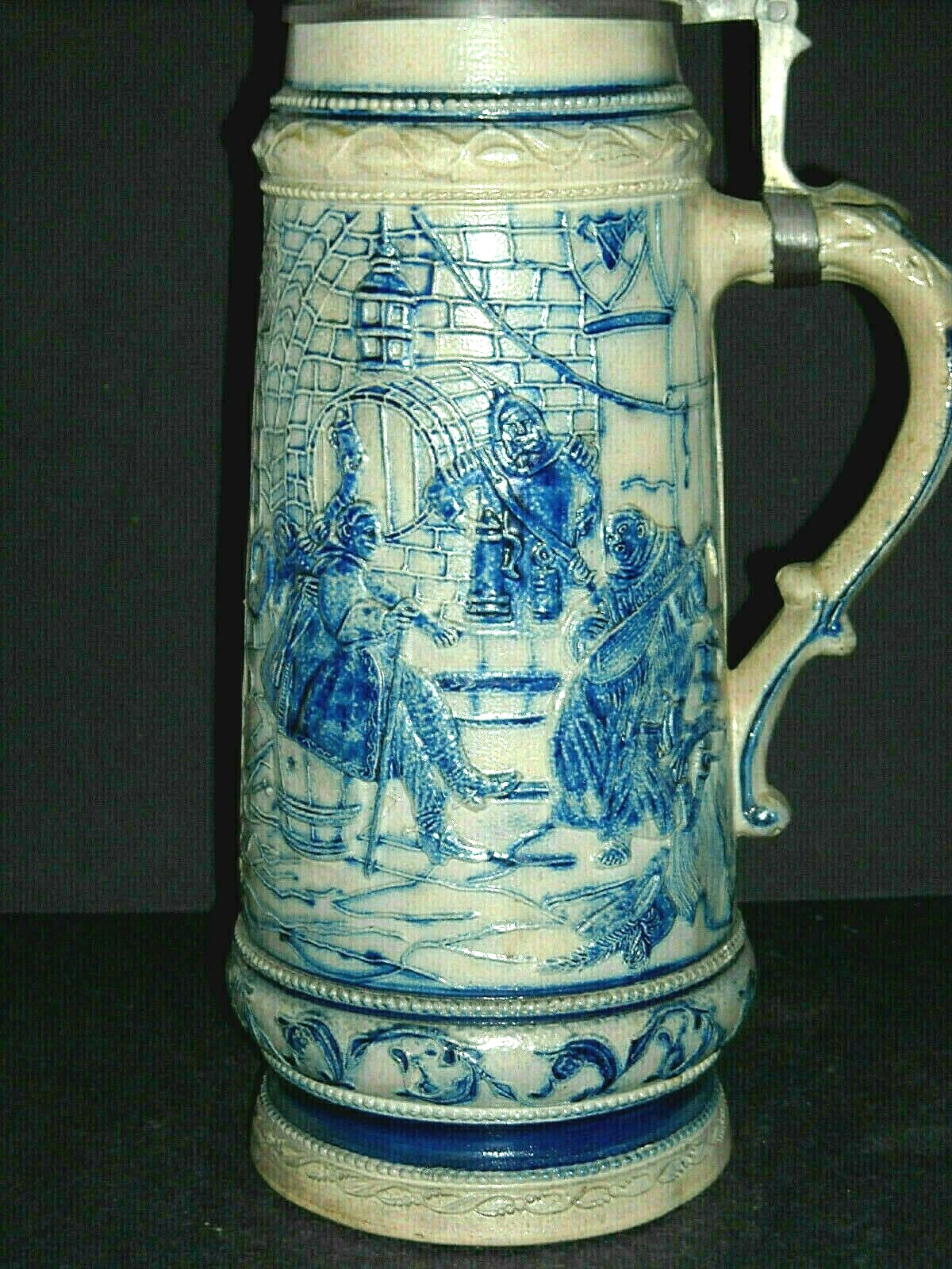 EXC Embossed Blue & Grey Whites Utica Stein Stoneware Flemish Ware New York NY