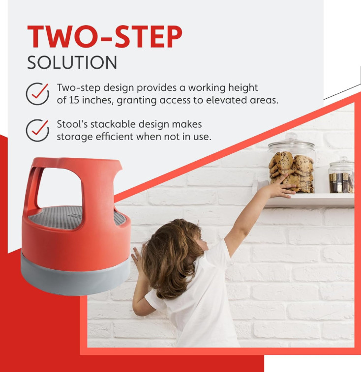 Cramer Scooter Stool 2-Step Rolling Step Stool 300 lb Red Plastic 16″