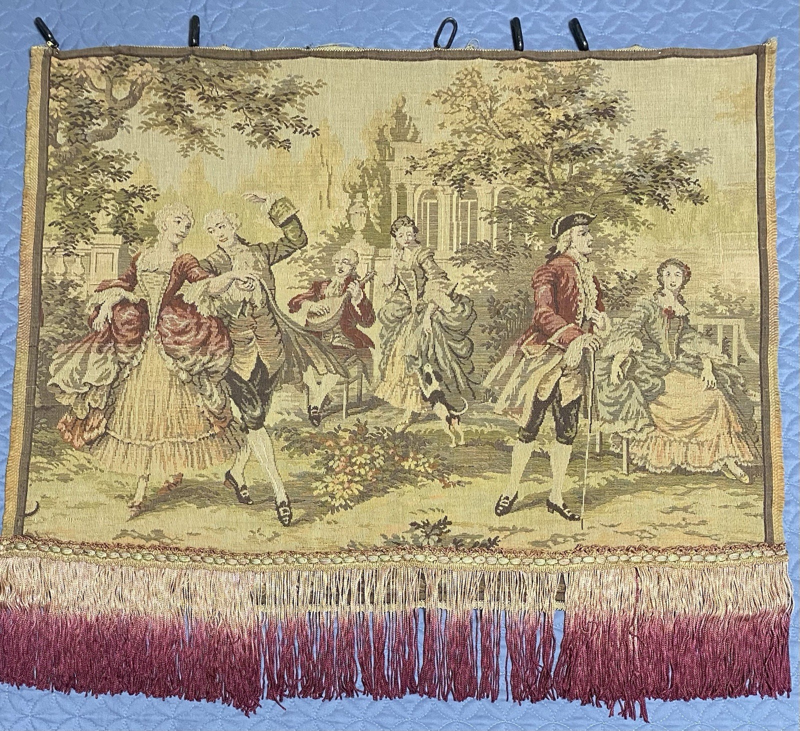 antique tapestry wall hanging Belgian Baroque Rococo Garden Party Ombré Fringe