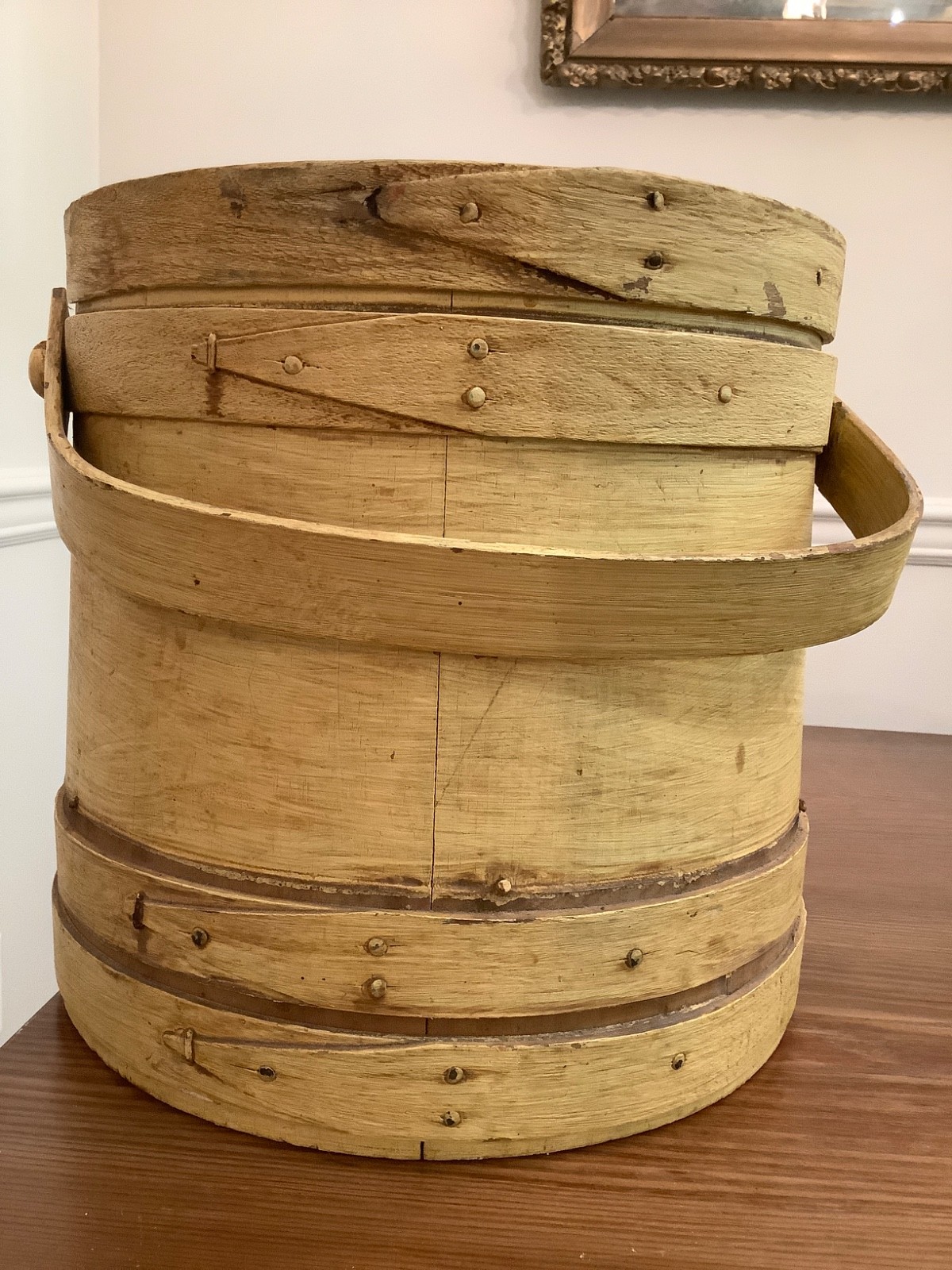 Vintage Primitive Wooden Firkin Sugar/Pantry Bucket with Lid Mustard Color