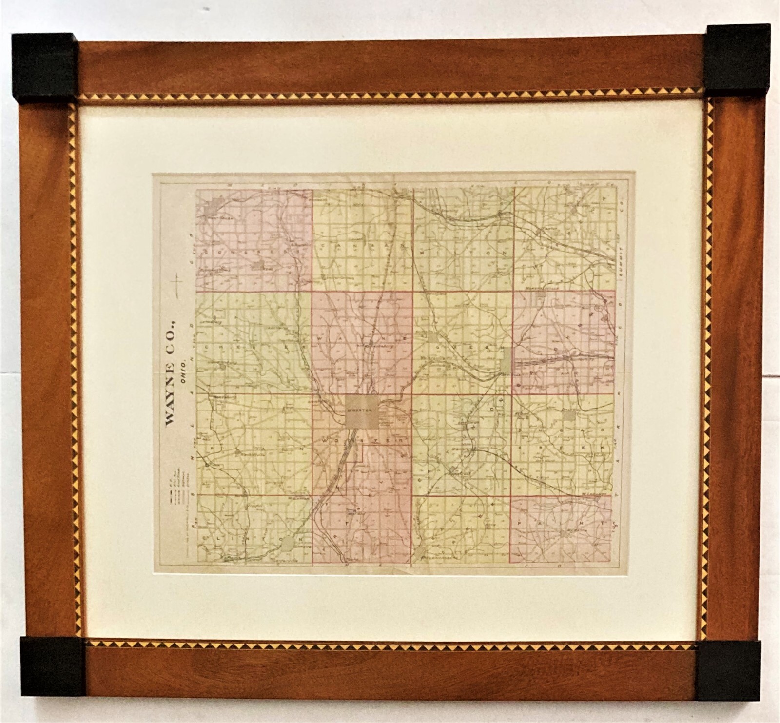 BEAUTIFULLY FRAMED 1909 RAND McNALLY & CO. COLORIZED MAP OF WAYNE COUNTY, OHIO