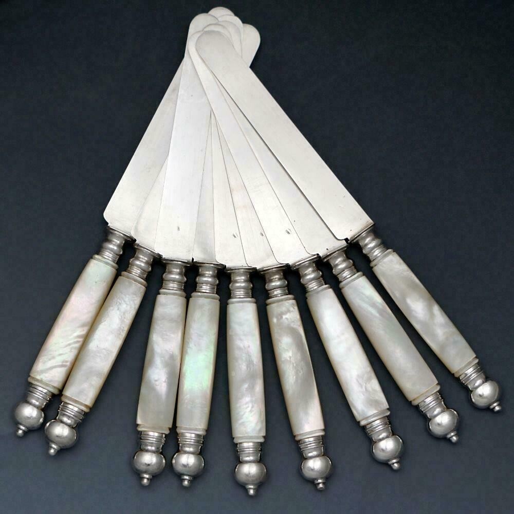 18pc Antique French Silver & Mother of Pearl Handled Knife Set, Knives