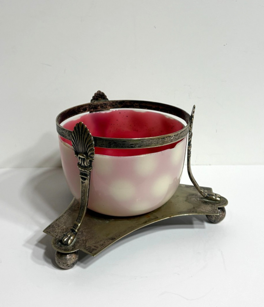 Antique EPNS Silverplate Centerpiece Stand Pink Cased Glass Bowl Regency Style