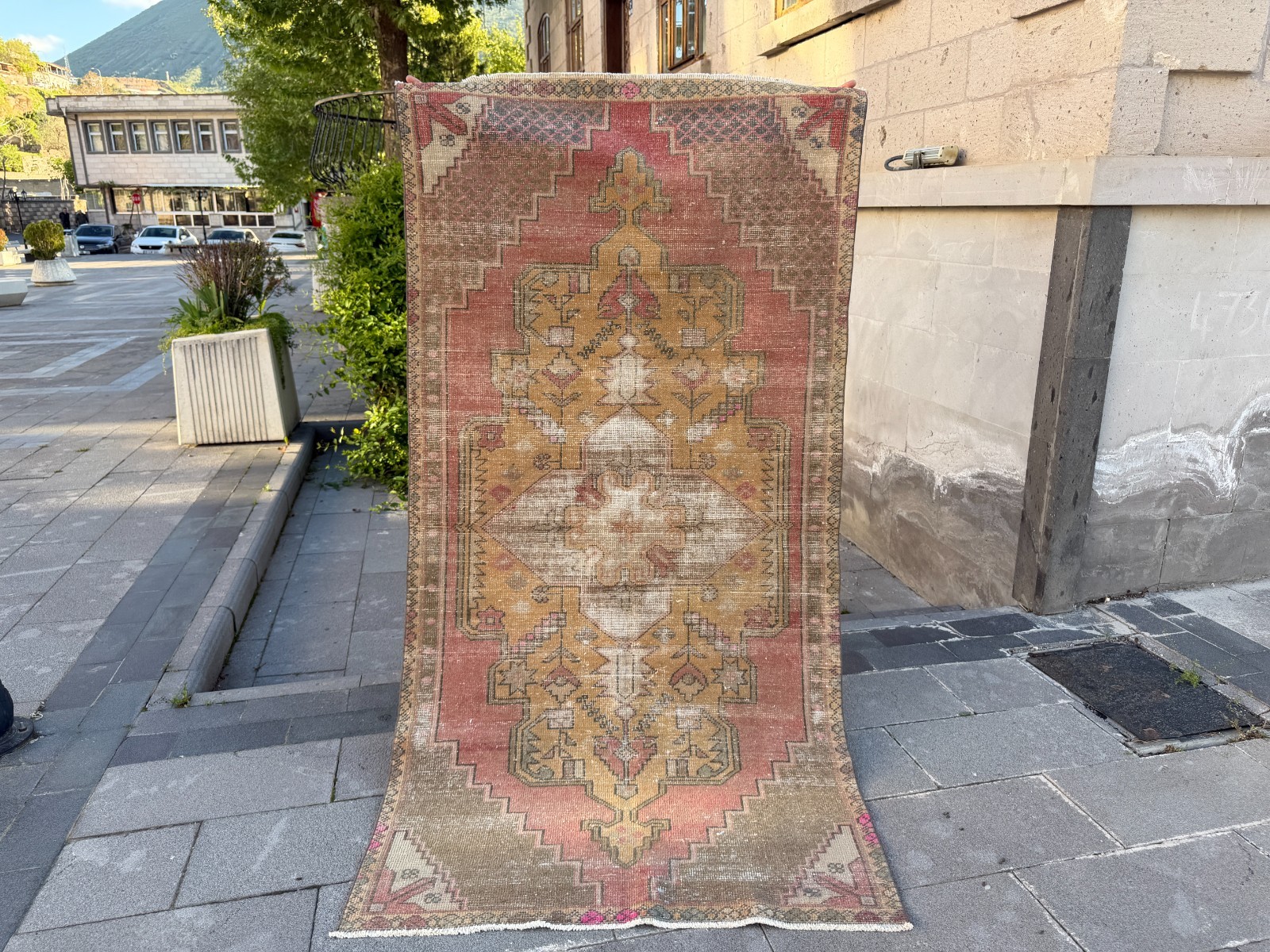 Vintage Turkish Oushak Rug 4.3×7.8 ft Terracotta Mustard Gold Wool Rug