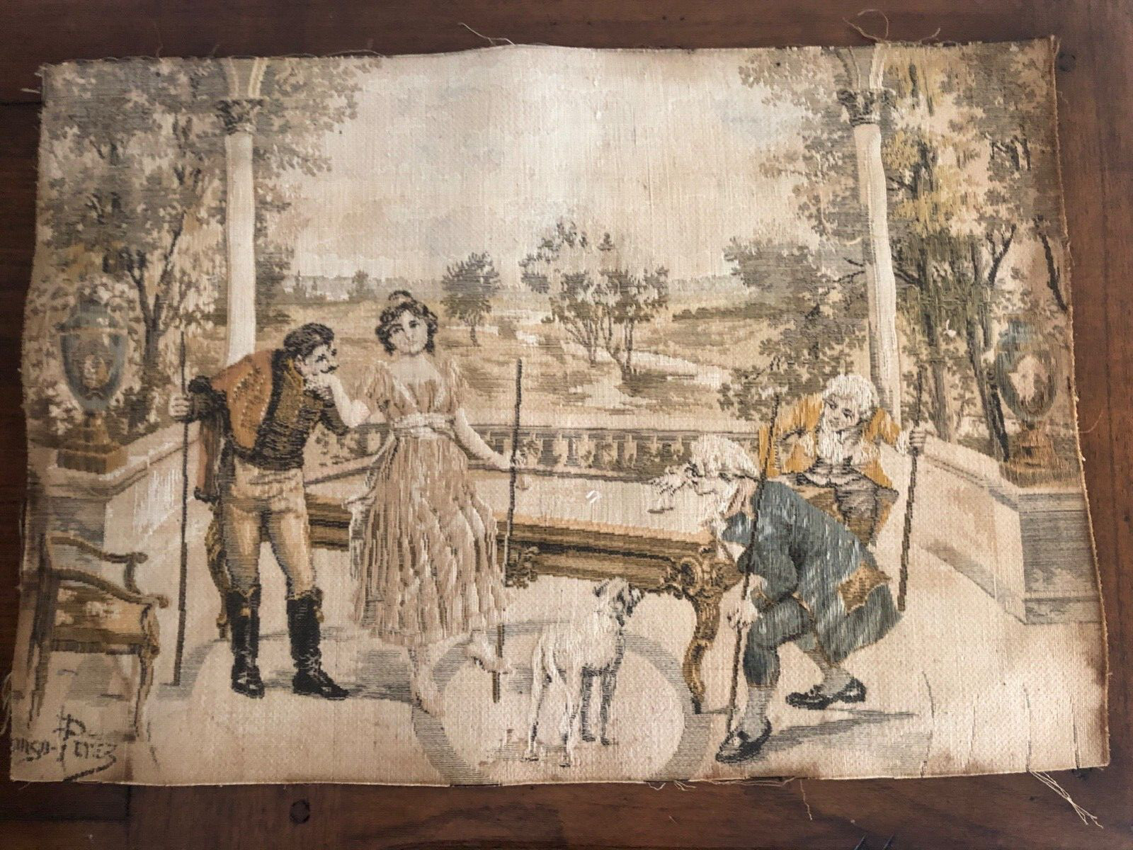 ANTIQUE TAPESTRY PEREZ COURTING COUPLE BILLIARD PLAYERS DOG 11.5″X 16.5″