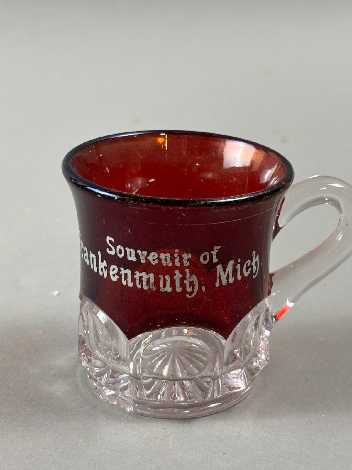 #214 Antique Original FRANKENMUTH Michigan Ruby Red Flash Souvenir Glass MUG CUP