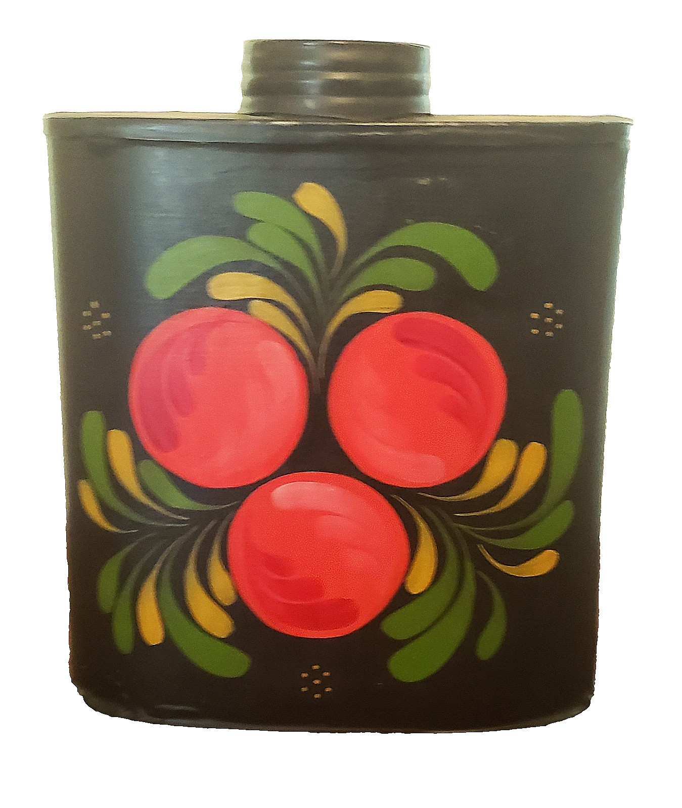 Antique FOLK ART Toleware TIN Screw FLASK Floral Decoration 5.5’T X 4.5″W X 2″D