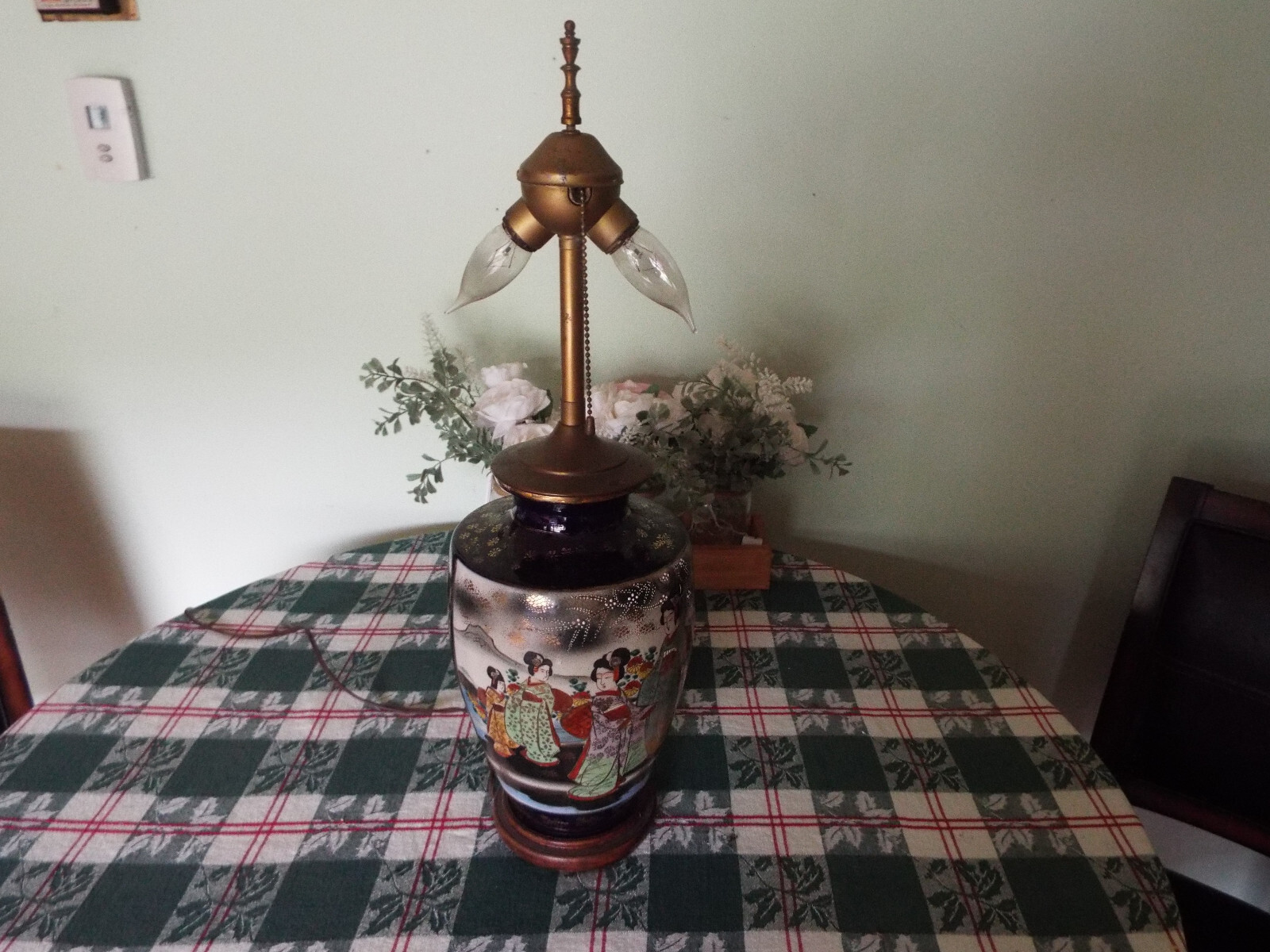 Early 20thC Japanese Satsuma Moriage Double Socket Lamp 24″
