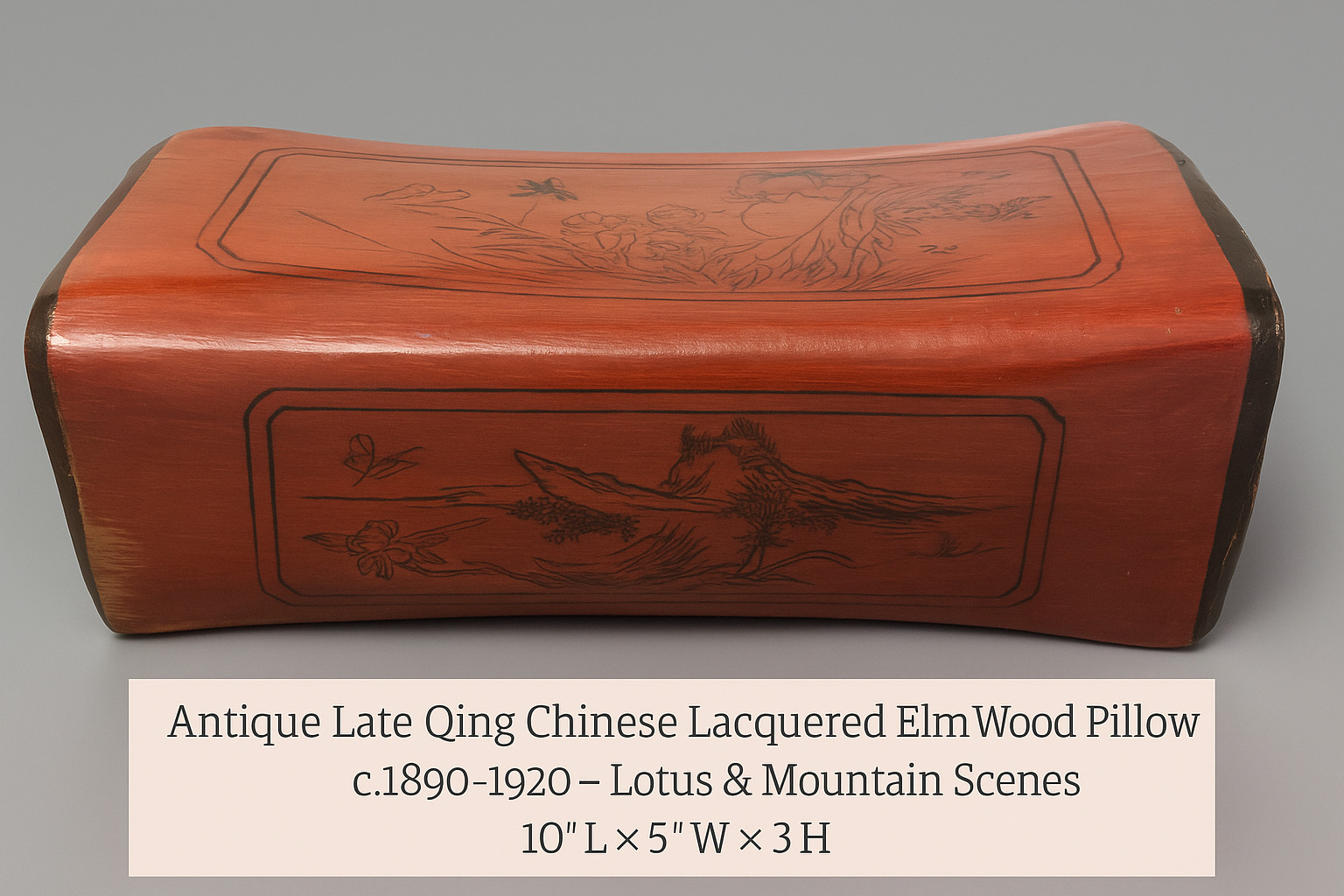 Antique Late Qing Chinese Lacquered Elm Wood Opium Pillow Lotus, Mountain Scene
