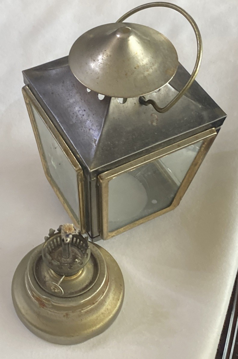 Vintage Kerosene Lamp Maritime Oil Lantern Four Glass Panels Brass Frame Works