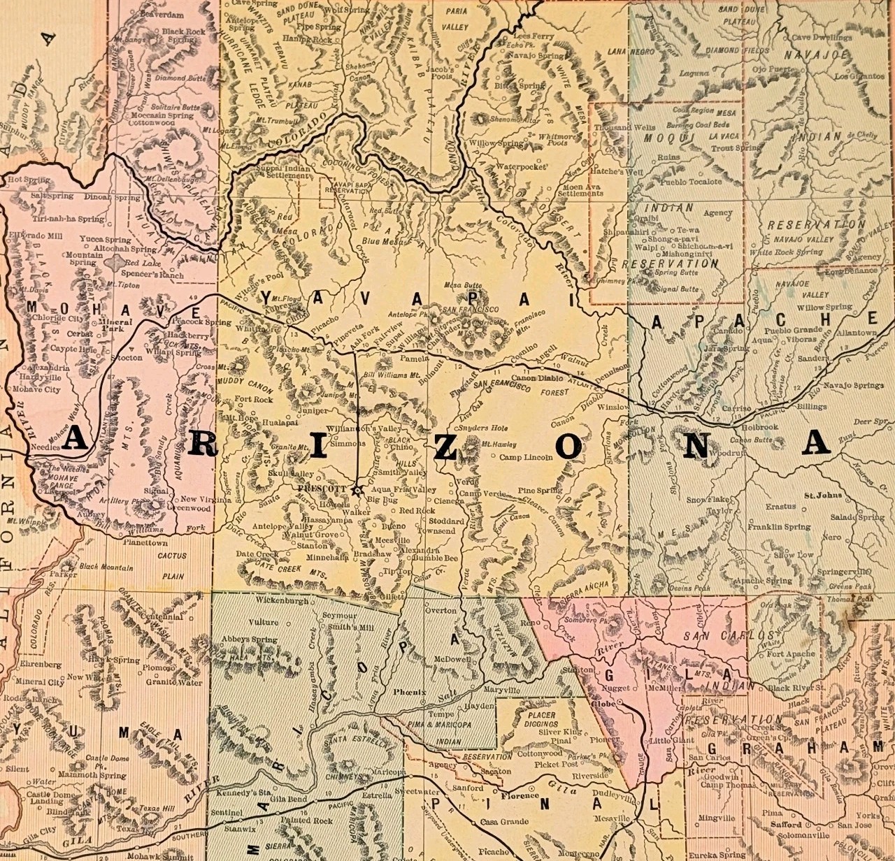 1888 ARIZONA TERRITORY Map ORIGINAL ANTIQUE 12×10 – Railroads Grand Canyon