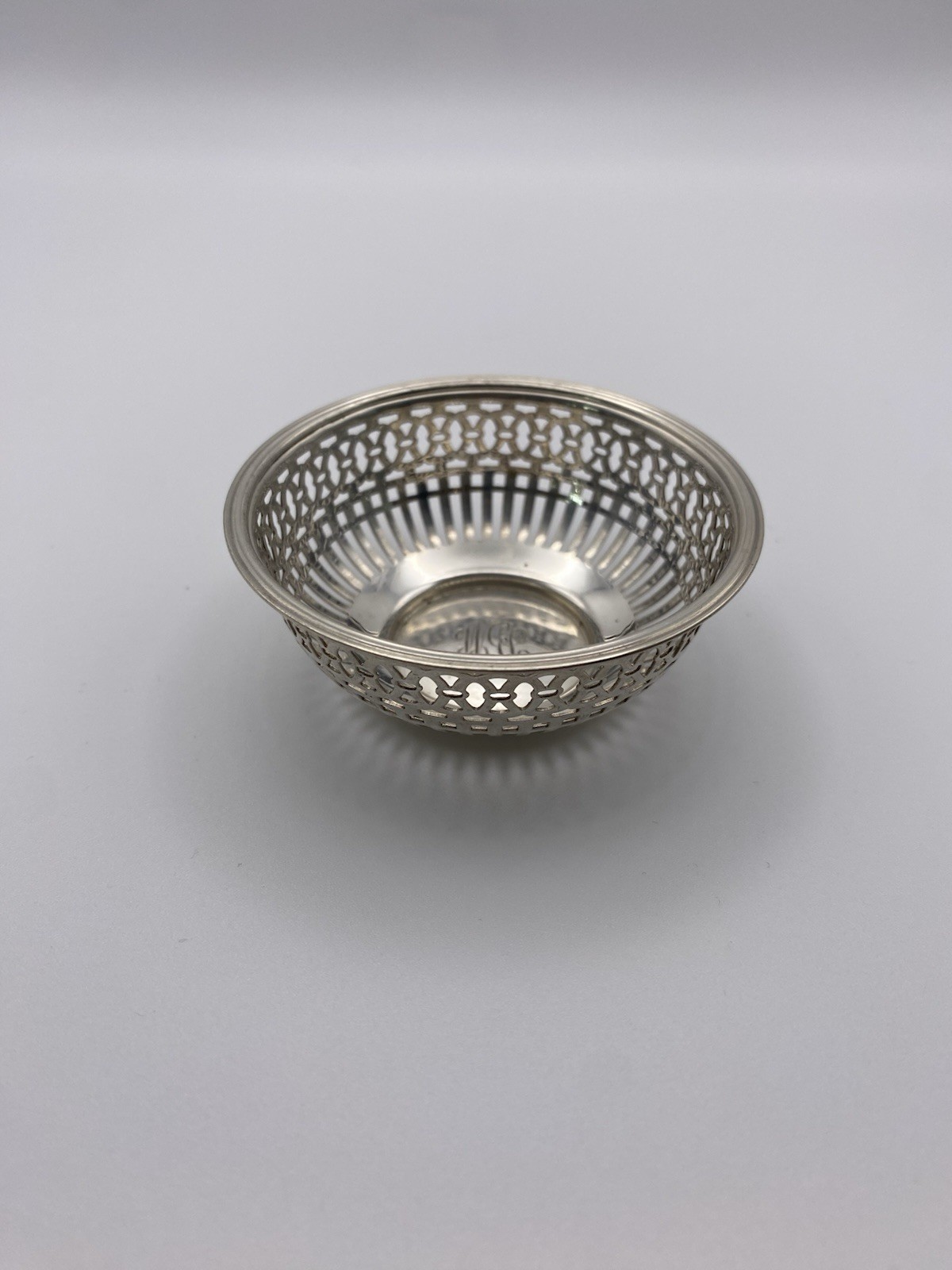 Tasteful Sterling Nut Tray – Reeded Rim, Monogram, 2⅝” Diameter