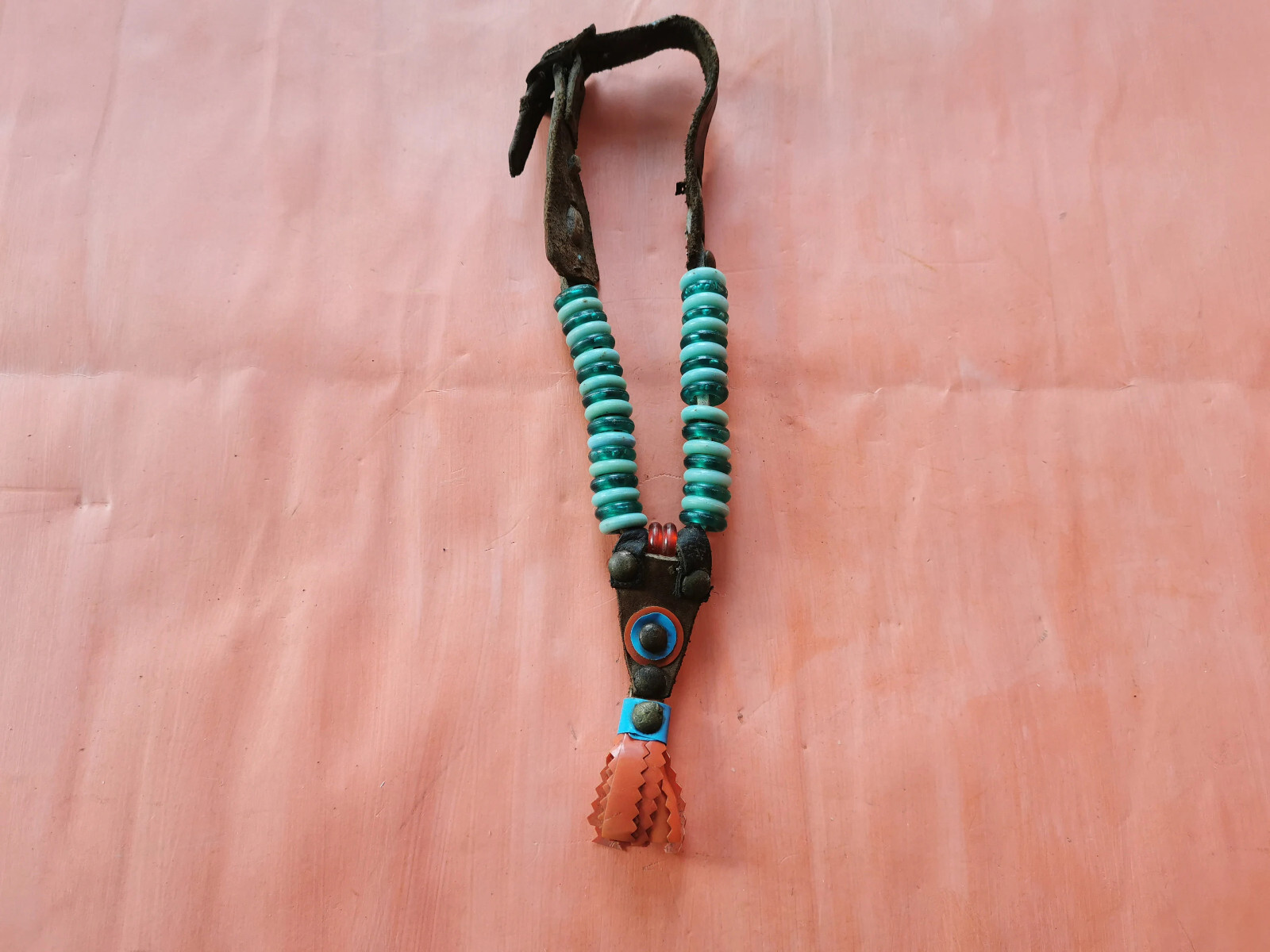 OLD PRIMITIVE LEATHER COLLAR FOR HORSE BEADS ORNAMENT OTTOMAN