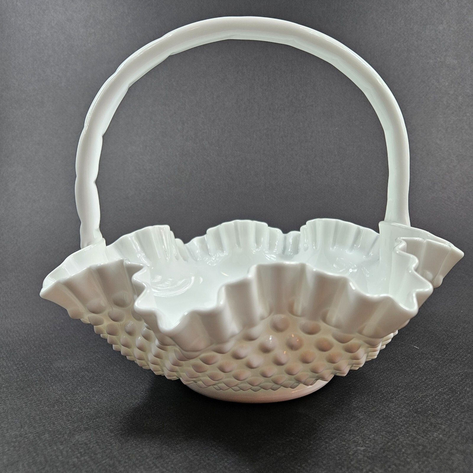 Vintage Fenton Hobnail Milk Glass Hand Blown 10” Basket Crimped Ruffle Edges