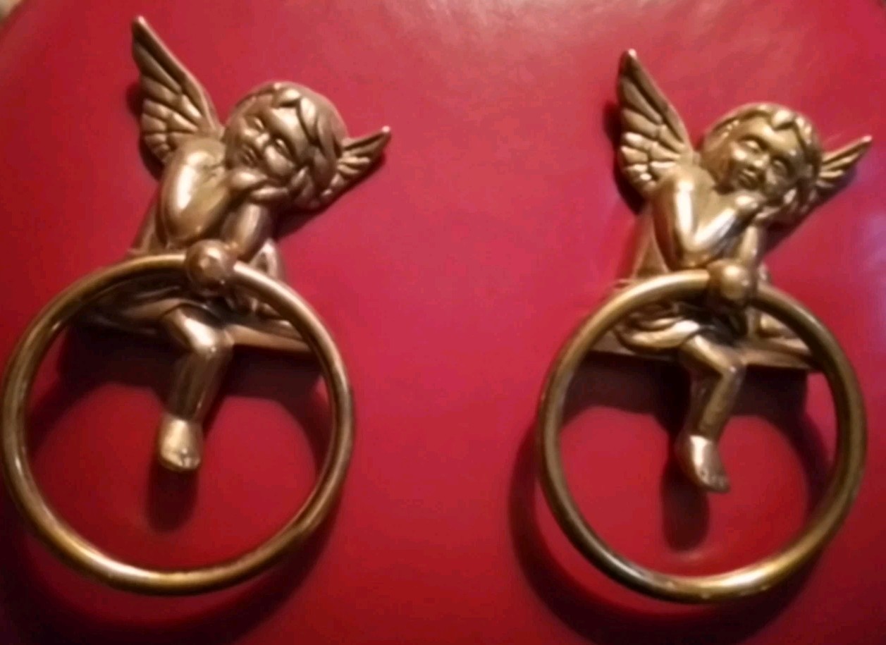 Vintage 1980s Solid Brass Pair Cherubs, Curtain Swag/Towel Rings