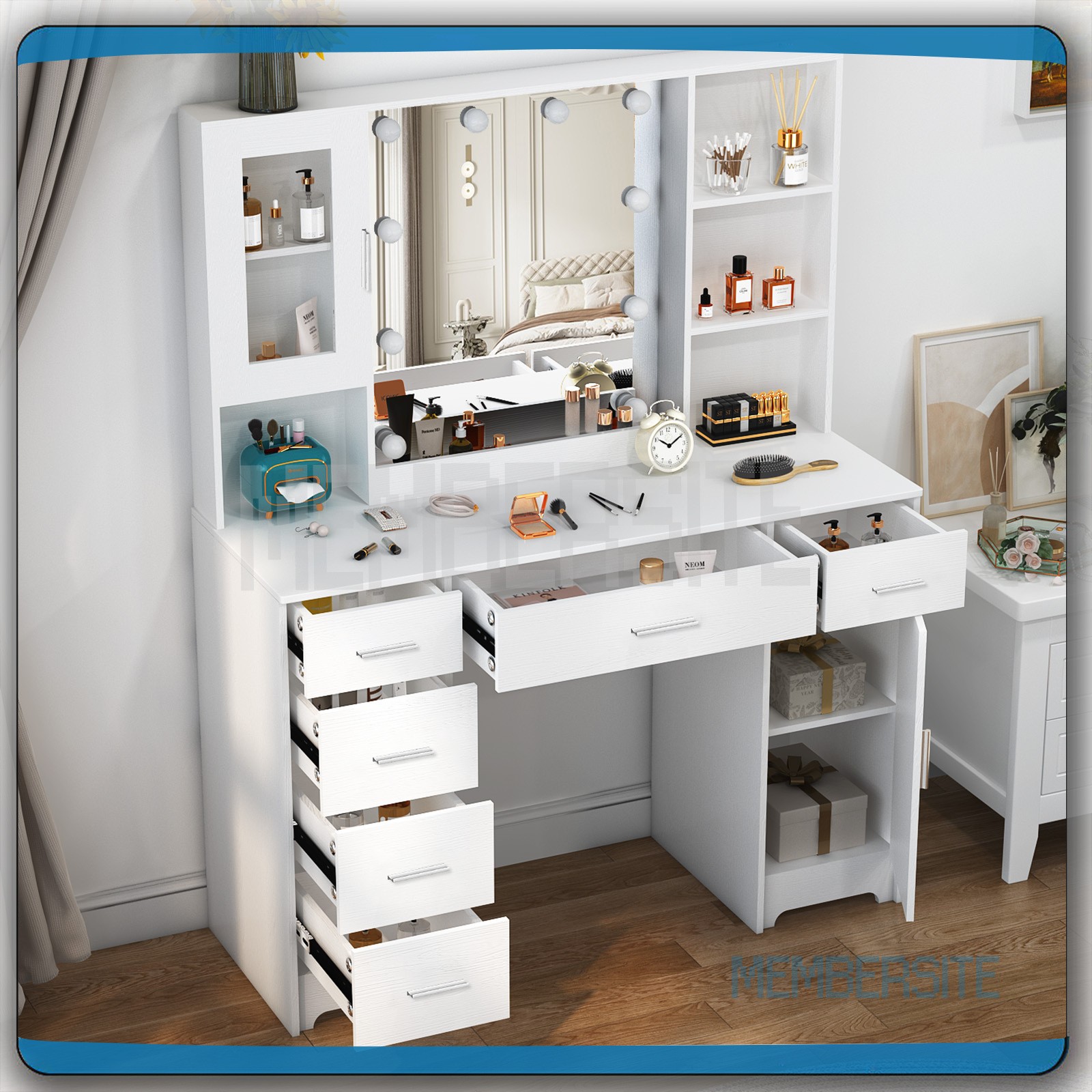 Large Makeup Vanity Table with LED Mirror and 7 Drawers Cabinet Wide Vanity Set