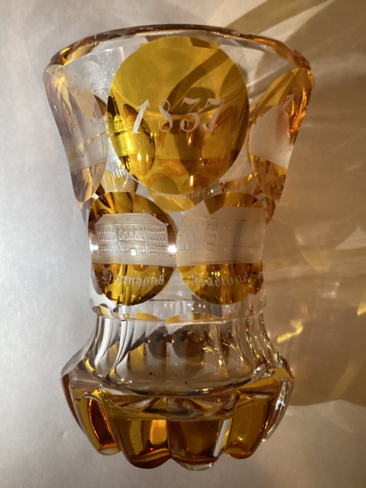 1837 Biedermeier Czech Bohemian Cut Yellow Thick Glass 6” Lendl Estate