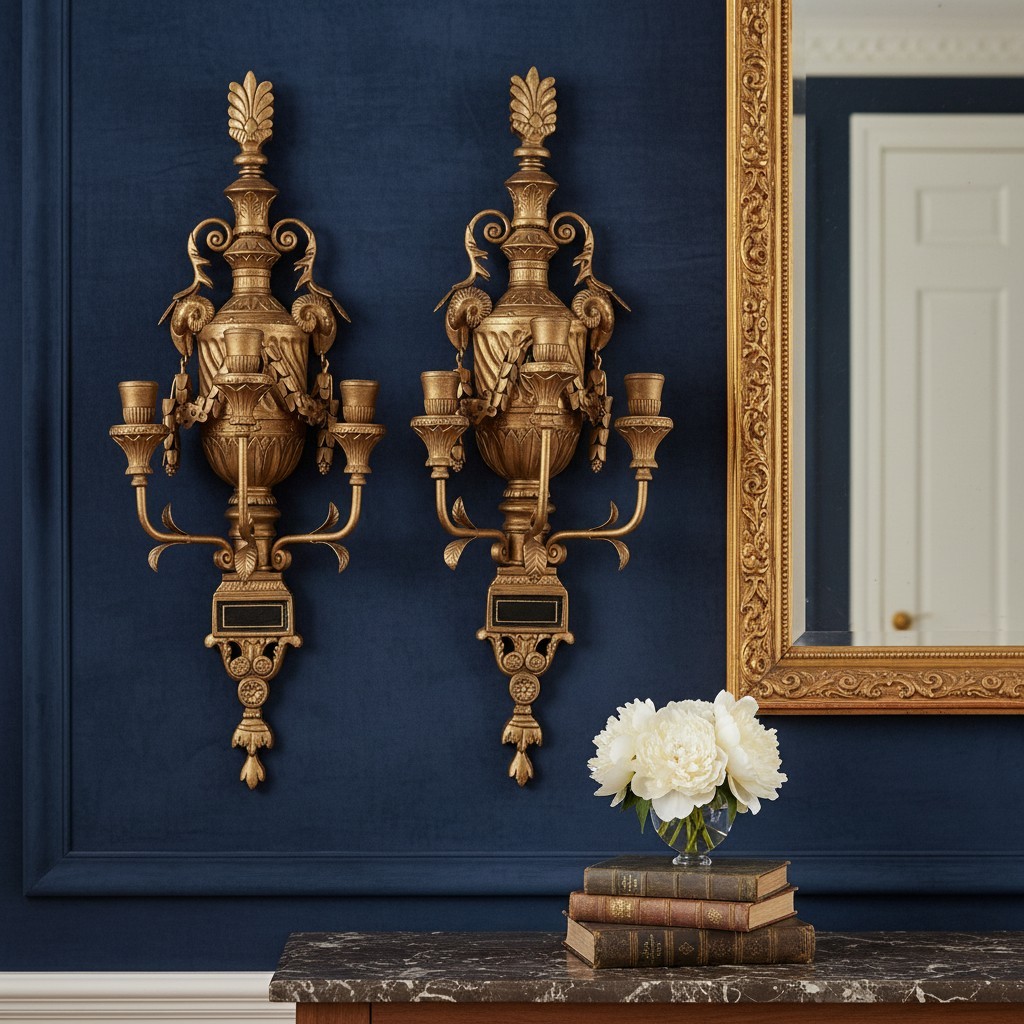 Antique Neoclassical Saltram Gilded Three Arm Candle Wall Pair Of Sconces