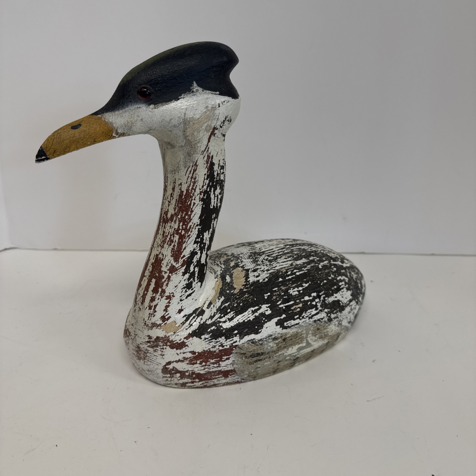 Antique Vintage Primitive medium carved wooden Duck decoy Glass eye