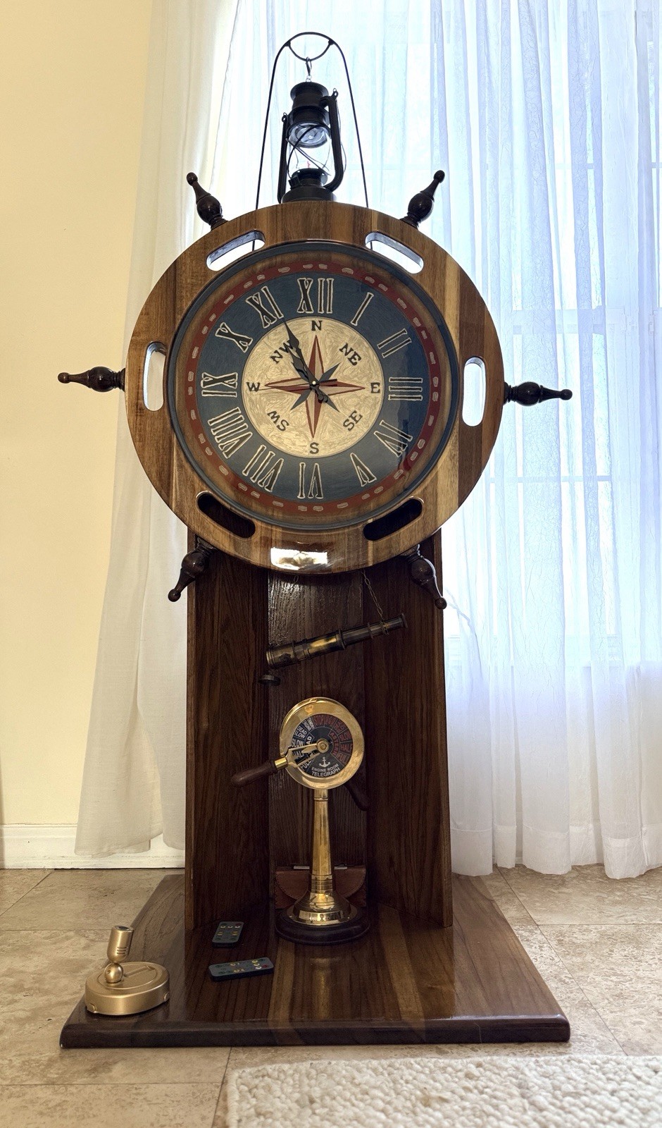 Wooden Nautical Ship Wheel Clock, Compass Clock with Lantern, Coastal Home Decor